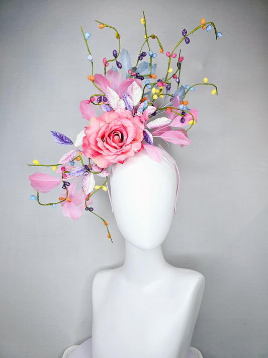 kentucky derby hat fascinator pink satin silk rose flower with leaves,light blue and light pink feathers,colorful rainbow stems