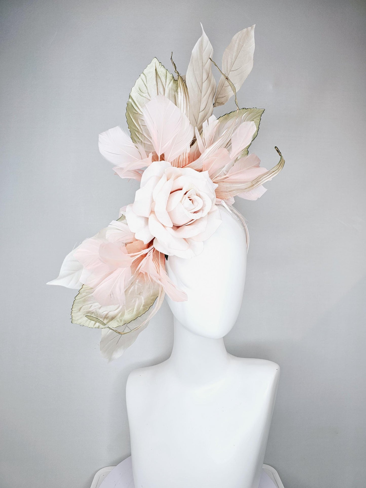 kentucky derby hat fascinator light dusty pink champagne satin silk rose flower with gold satin leaves and light pink champagne feathers