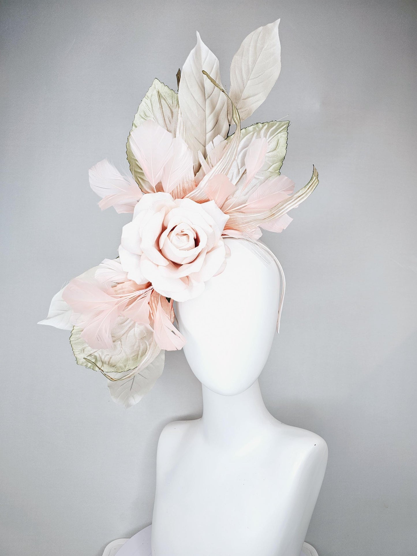 kentucky derby hat fascinator light dusty pink champagne satin silk rose flower with gold satin leaves and light pink champagne feathers