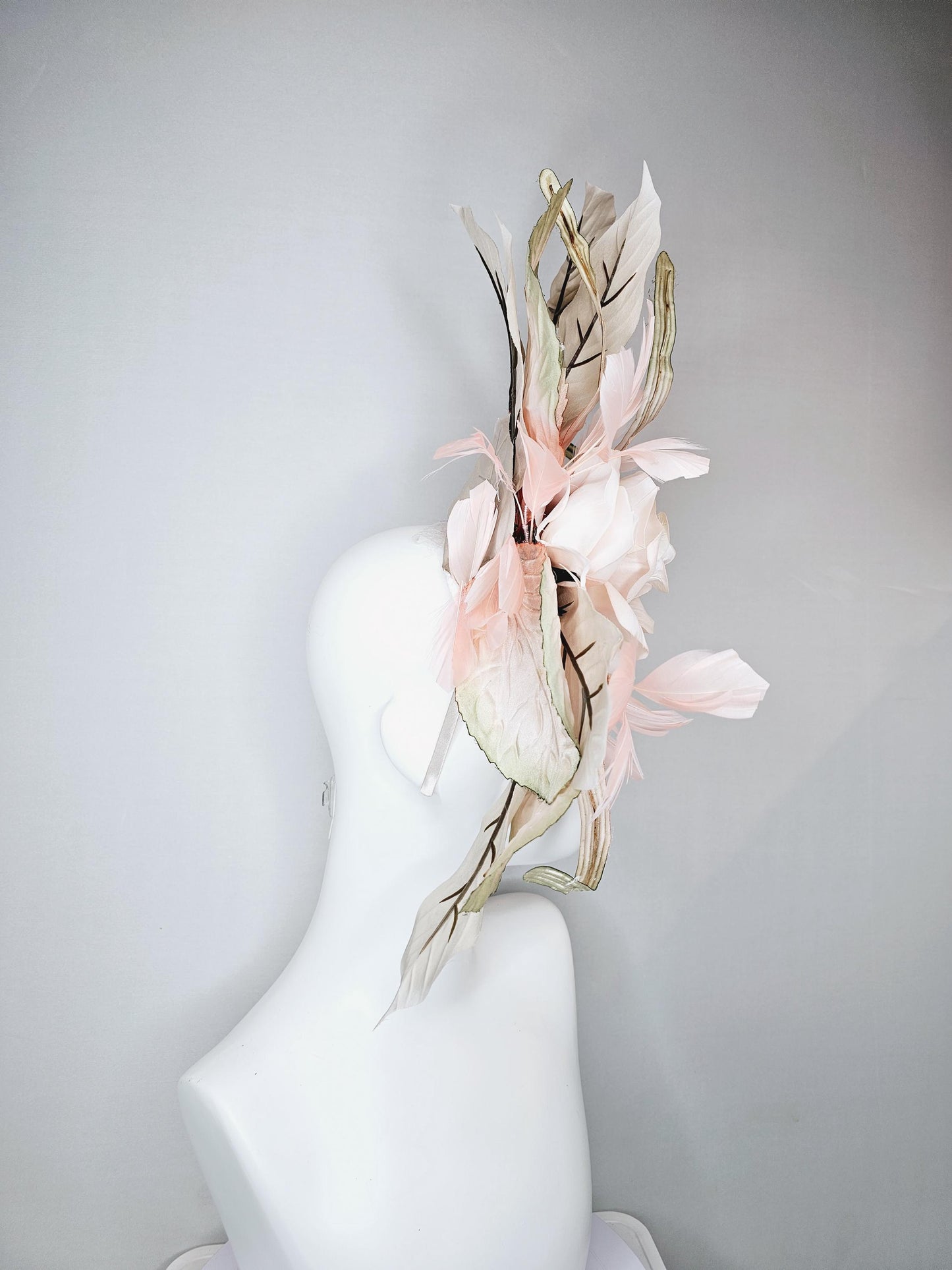 kentucky derby hat fascinator light dusty pink champagne satin silk rose flower with gold satin leaves and light pink champagne feathers