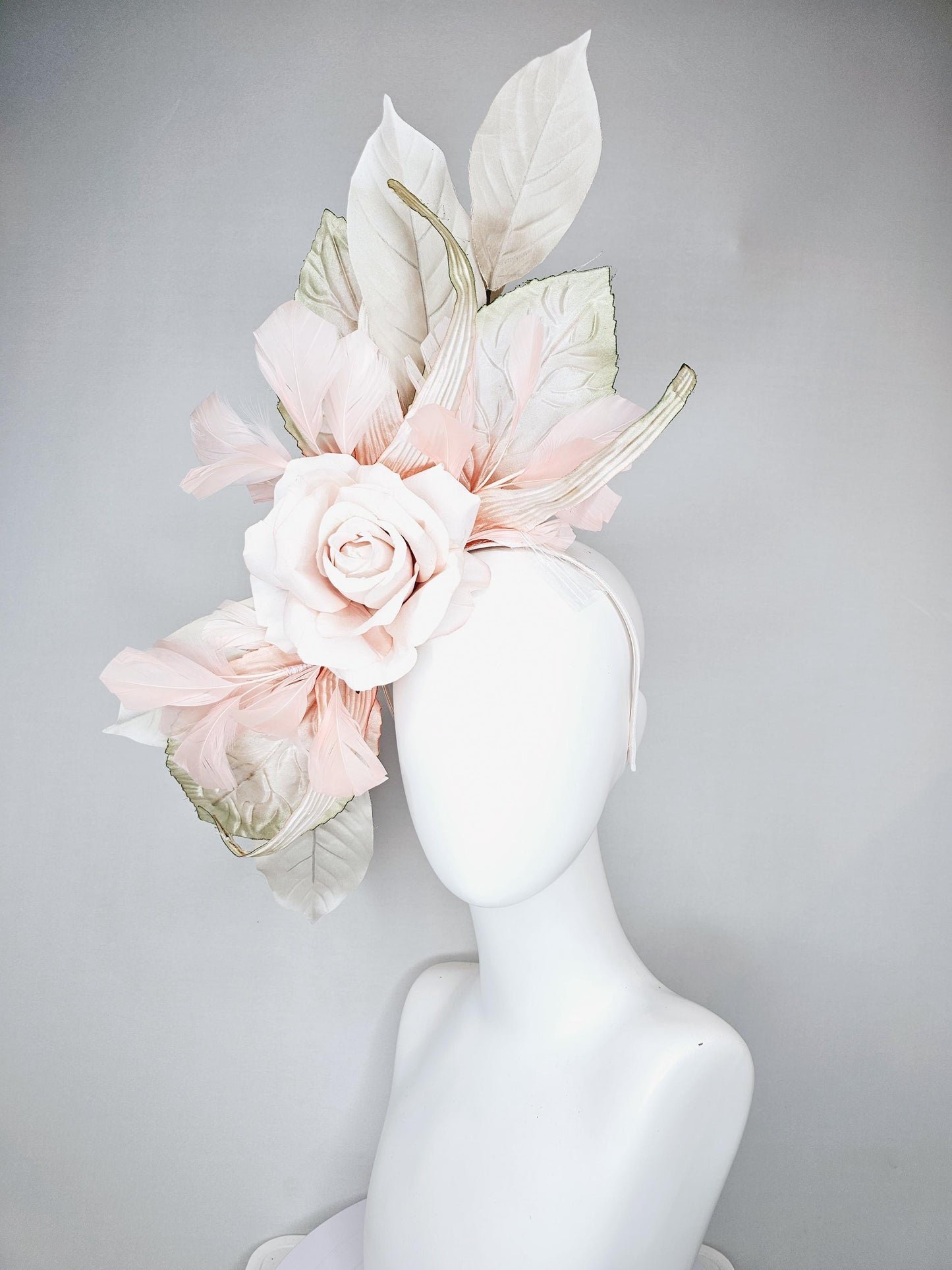 kentucky derby hat fascinator light dusty pink champagne satin silk rose flower with gold satin leaves and light pink champagne feathers