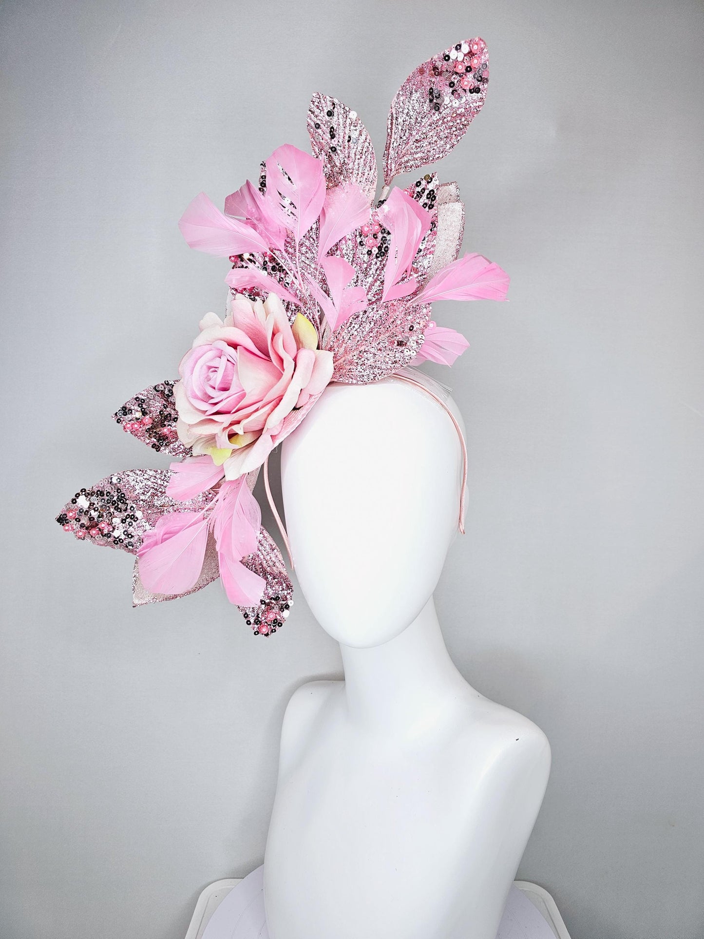 kentucky derby hat fascinator baby pink satin silk rose flower with metallic light pink sequin satin leaves and baby pink feathers