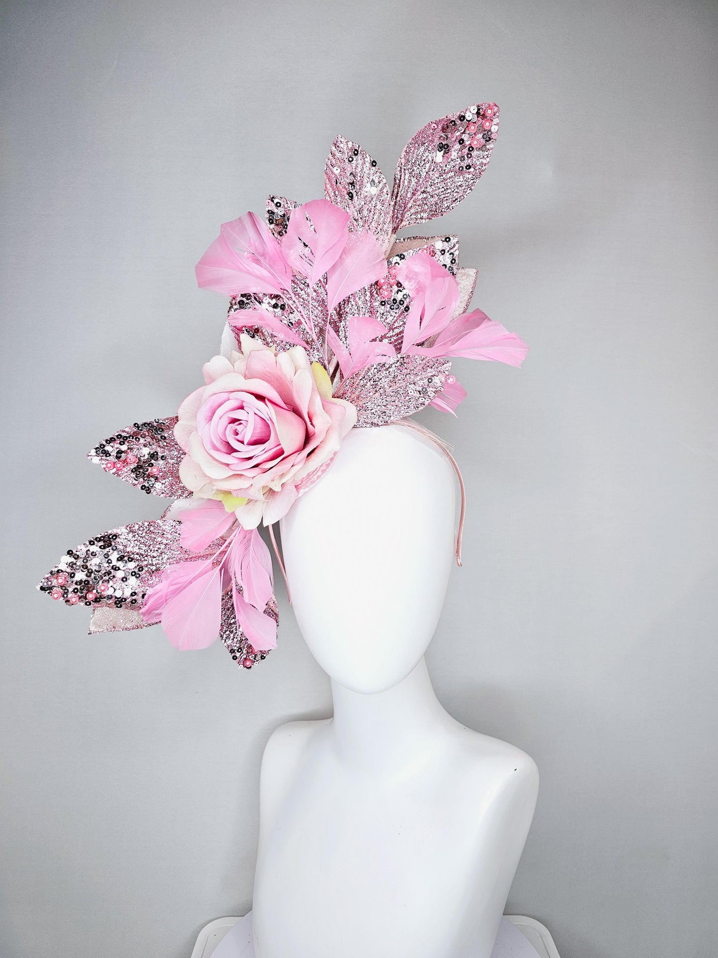 kentucky derby hat fascinator baby pink satin silk rose flower with metallic light pink sequin satin leaves and baby pink feathers