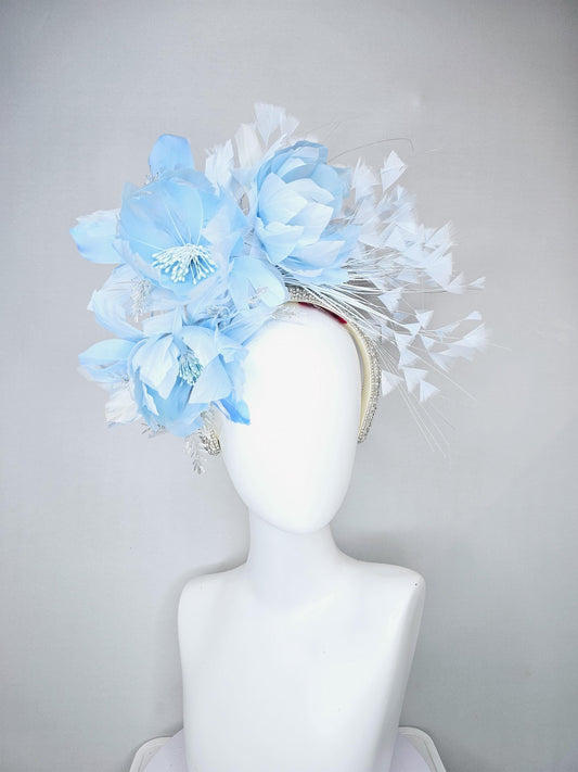 kentucky derby hat fascinator light sky baby blue feather flowers with light baby blue branching feathers and crystal rhinestone headband