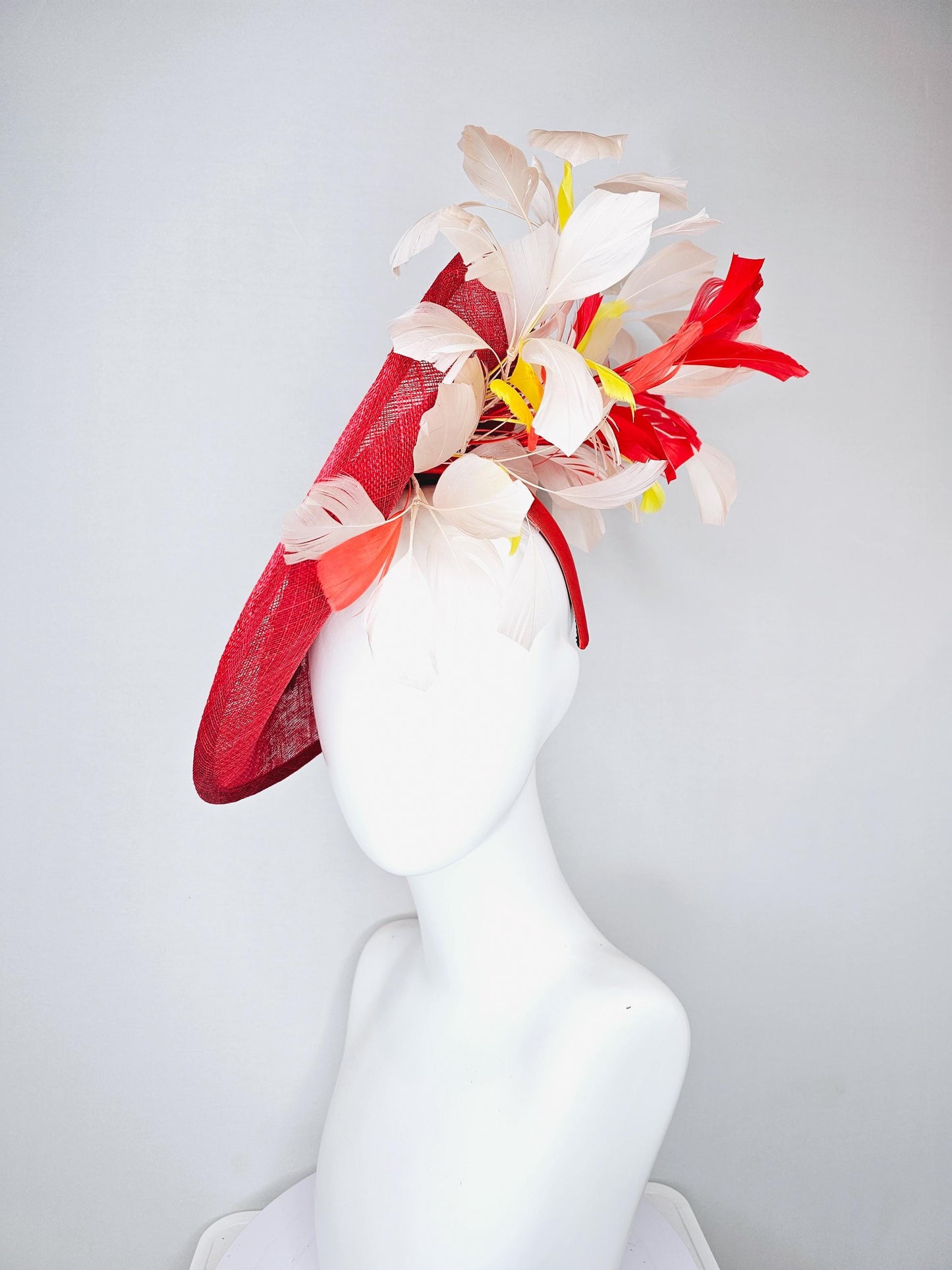 kentucky derby hat red sinamay saucer with red burgundy gold pink embroidered flowers with white ivory yeloow red feathers