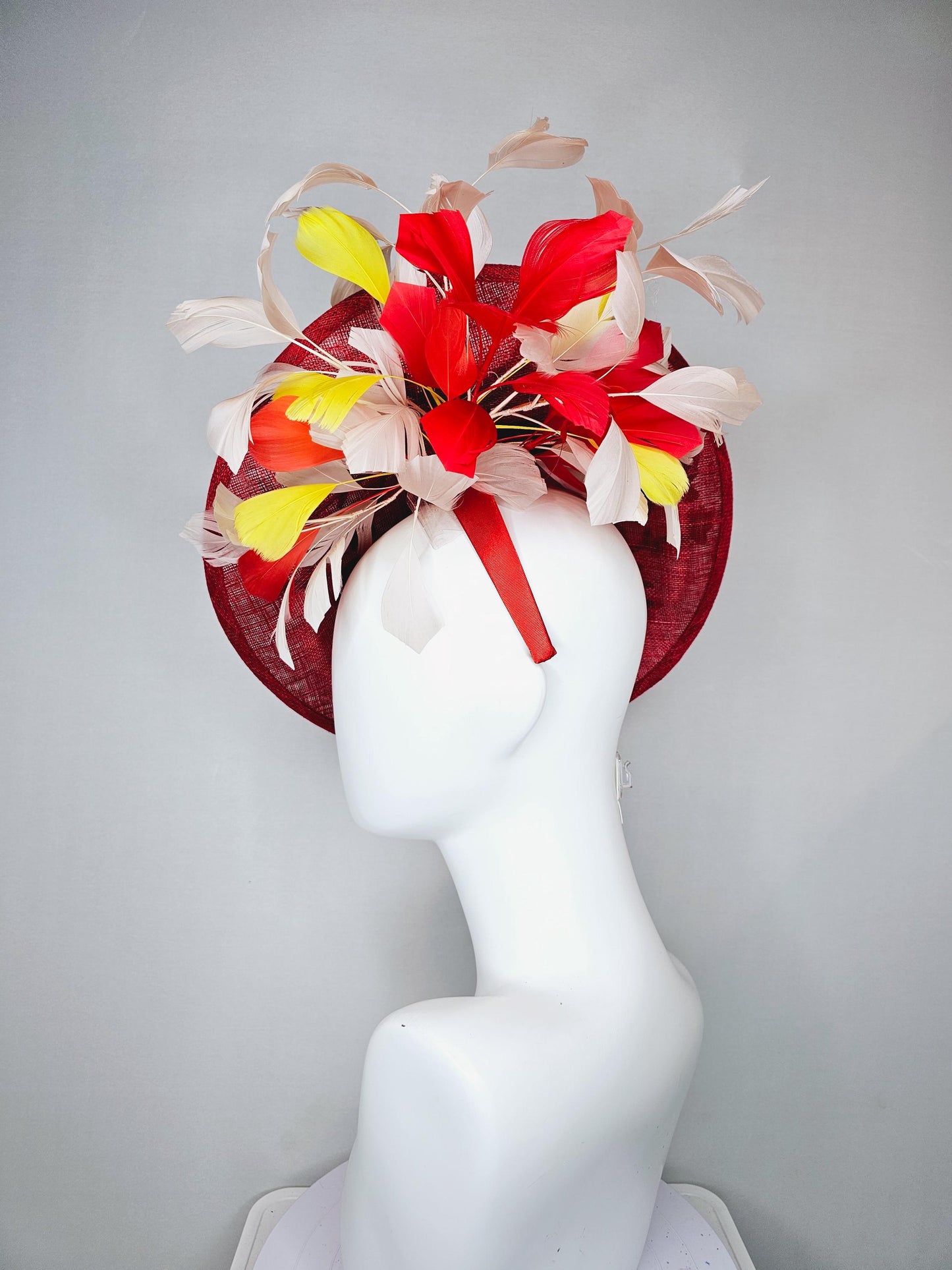 kentucky derby hat red sinamay saucer with red burgundy gold pink embroidered flowers with white ivory yeloow red feathers