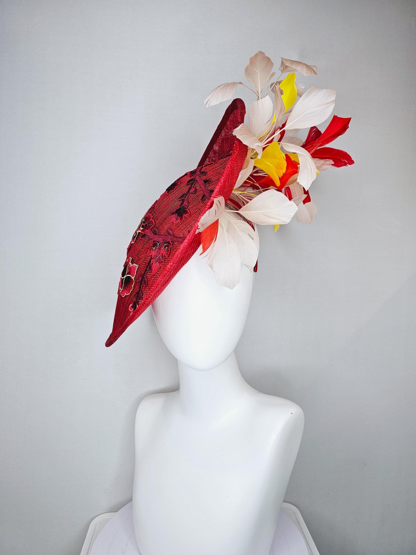 kentucky derby hat red sinamay saucer with red burgundy gold pink embroidered flowers with white ivory yeloow red feathers