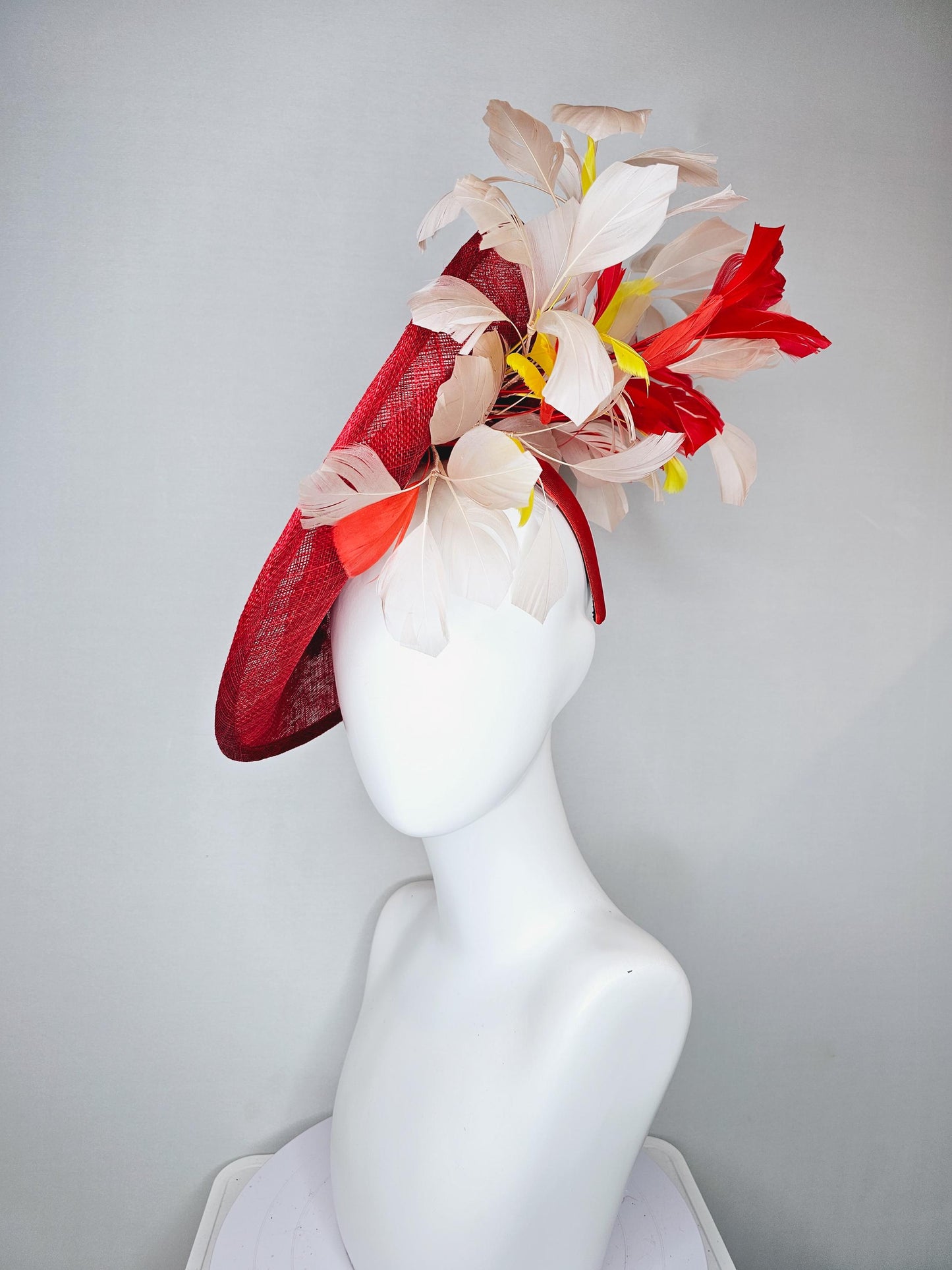 kentucky derby hat red sinamay saucer with red burgundy gold pink embroidered flowers with white ivory yeloow red feathers