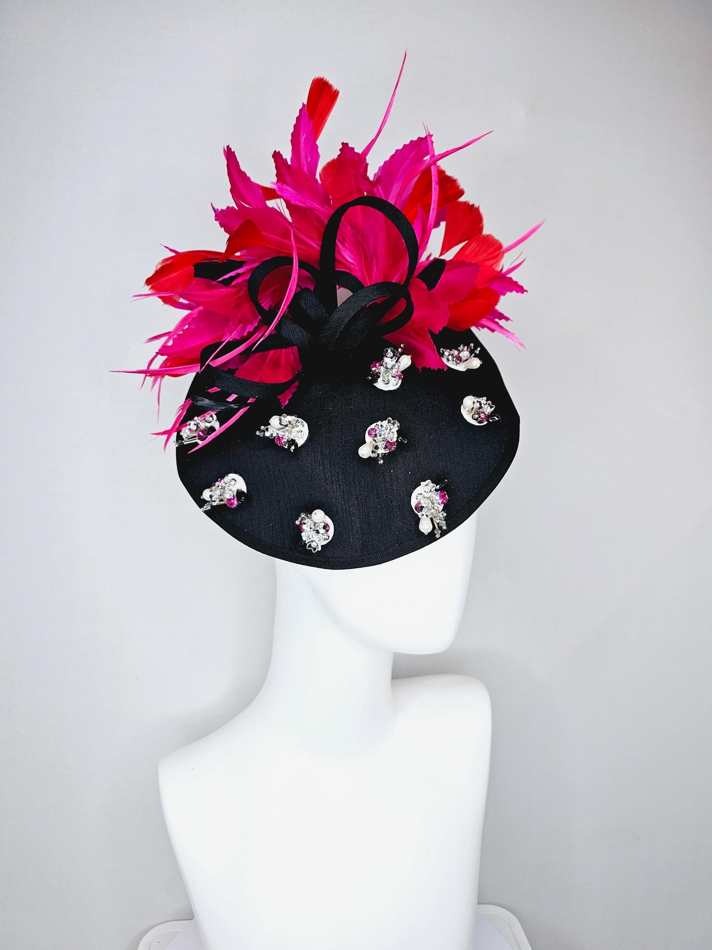 kentucky derby hat fascinator black satin saucer with pearl silver pink crystal rhinestone beaded, hot pink fuchsia red branching feathers