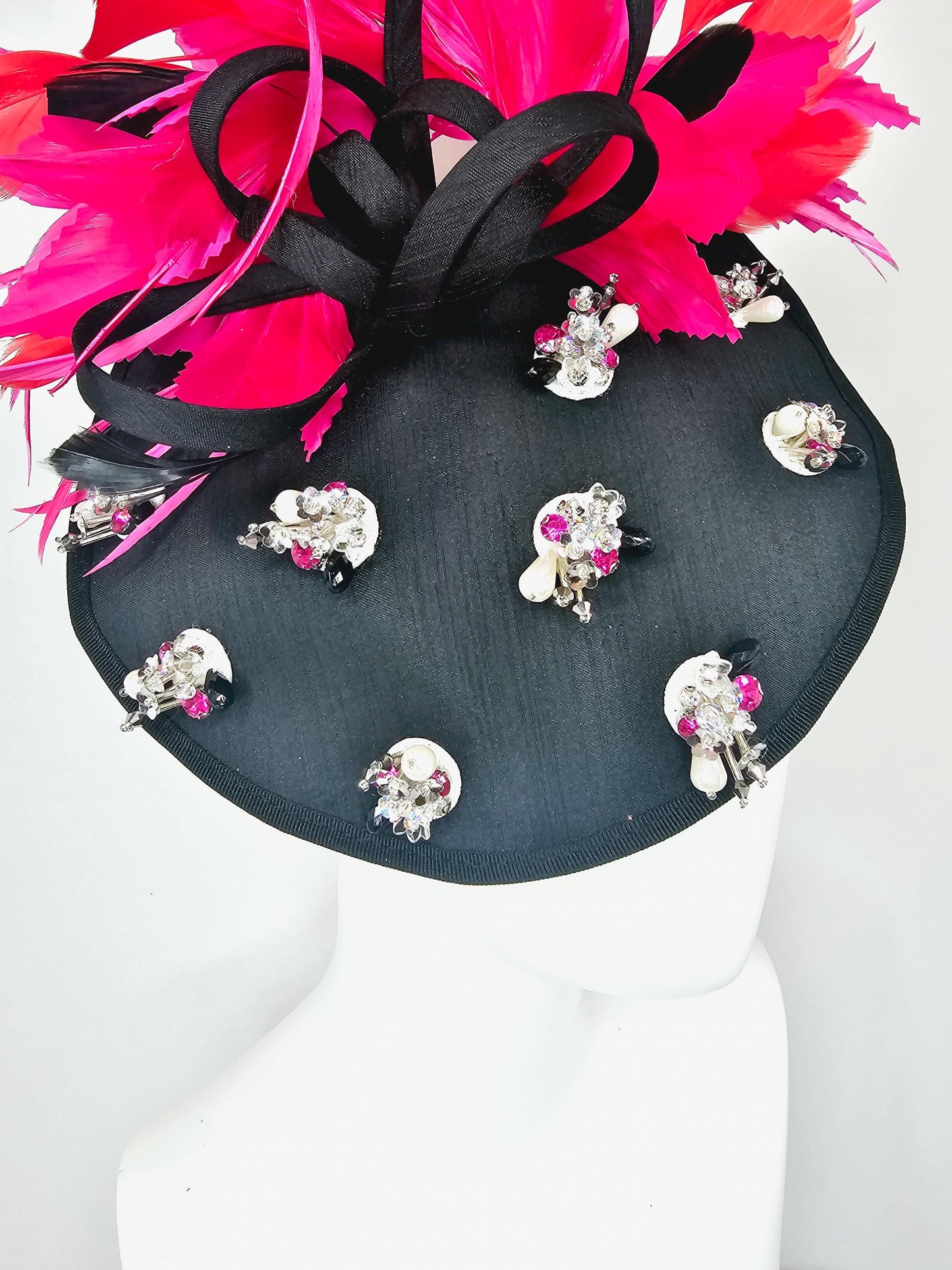 kentucky derby hat fascinator black satin saucer with pearl silver pink crystal rhinestone beaded, hot pink fuchsia red branching feathers