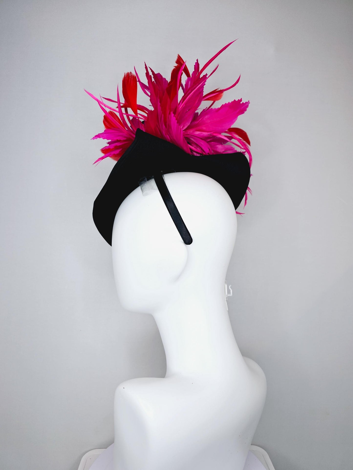 kentucky derby hat fascinator black satin saucer with pearl silver pink crystal rhinestone beaded, hot pink fuchsia red branching feathers