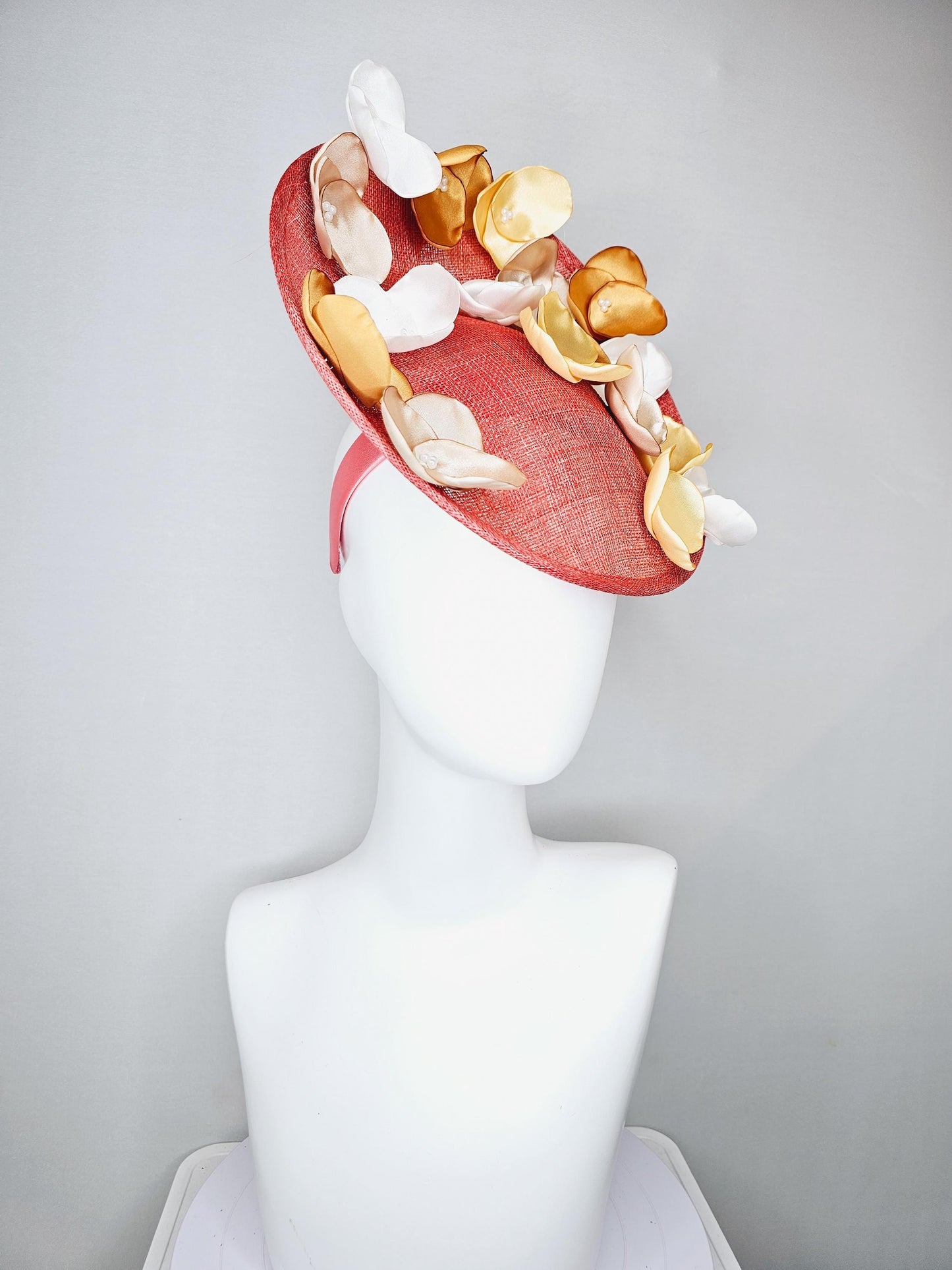 kentucky derby hat fascinator coral orange sinamay saucer with gold champagne white ivory embroidered flowers