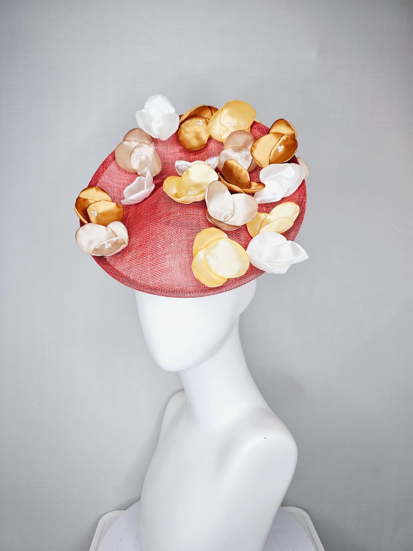 kentucky derby hat fascinator coral orange sinamay saucer with gold champagne white ivory embroidered flowers