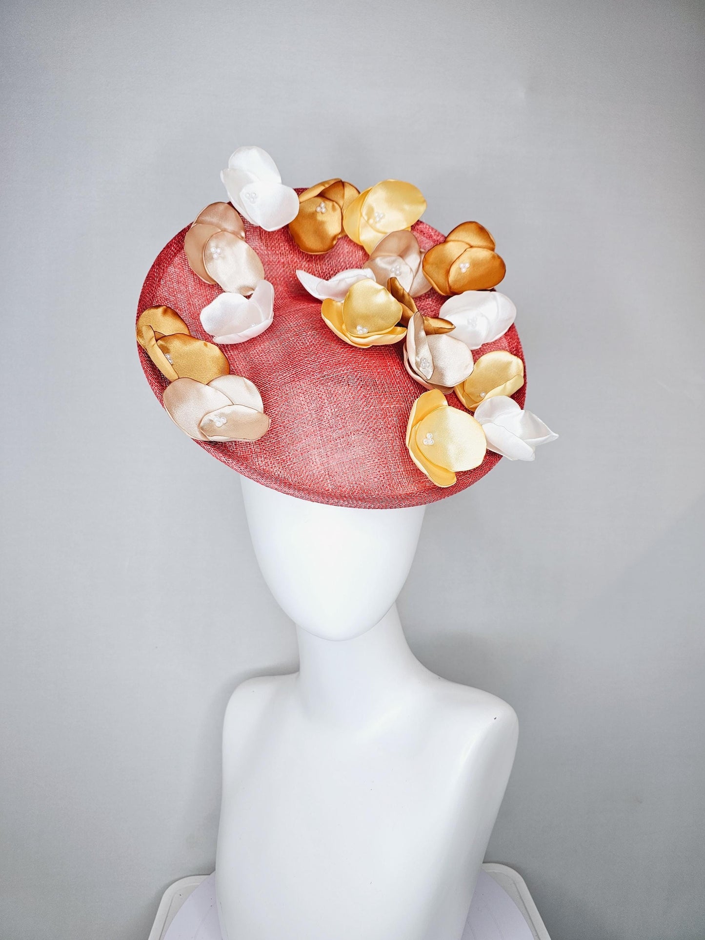 kentucky derby hat fascinator coral orange sinamay saucer with gold champagne white ivory embroidered flowers