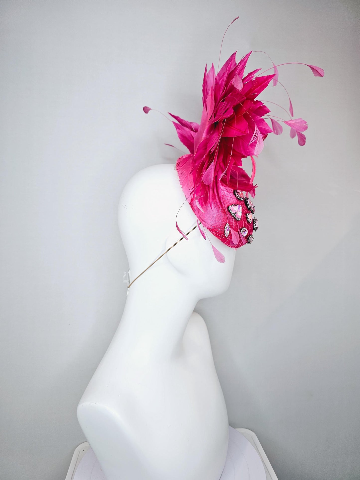 kentucky derby hat fascinator bright pink fuchsia satin with netting, iridescent crystal rhinestone beaded, bright pink fuchsia feathers