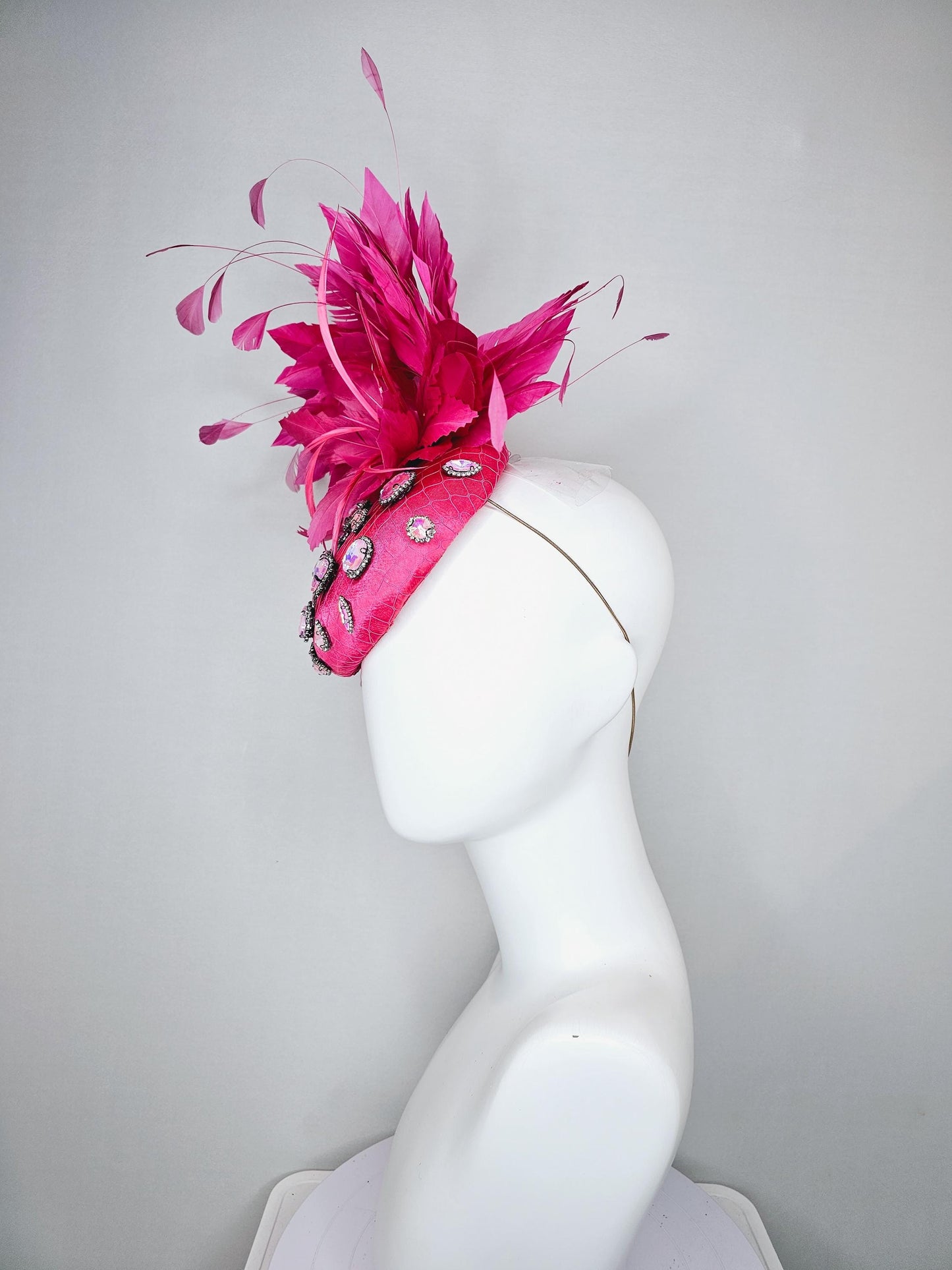 kentucky derby hat fascinator bright pink fuchsia satin with netting, iridescent crystal rhinestone beaded, bright pink fuchsia feathers