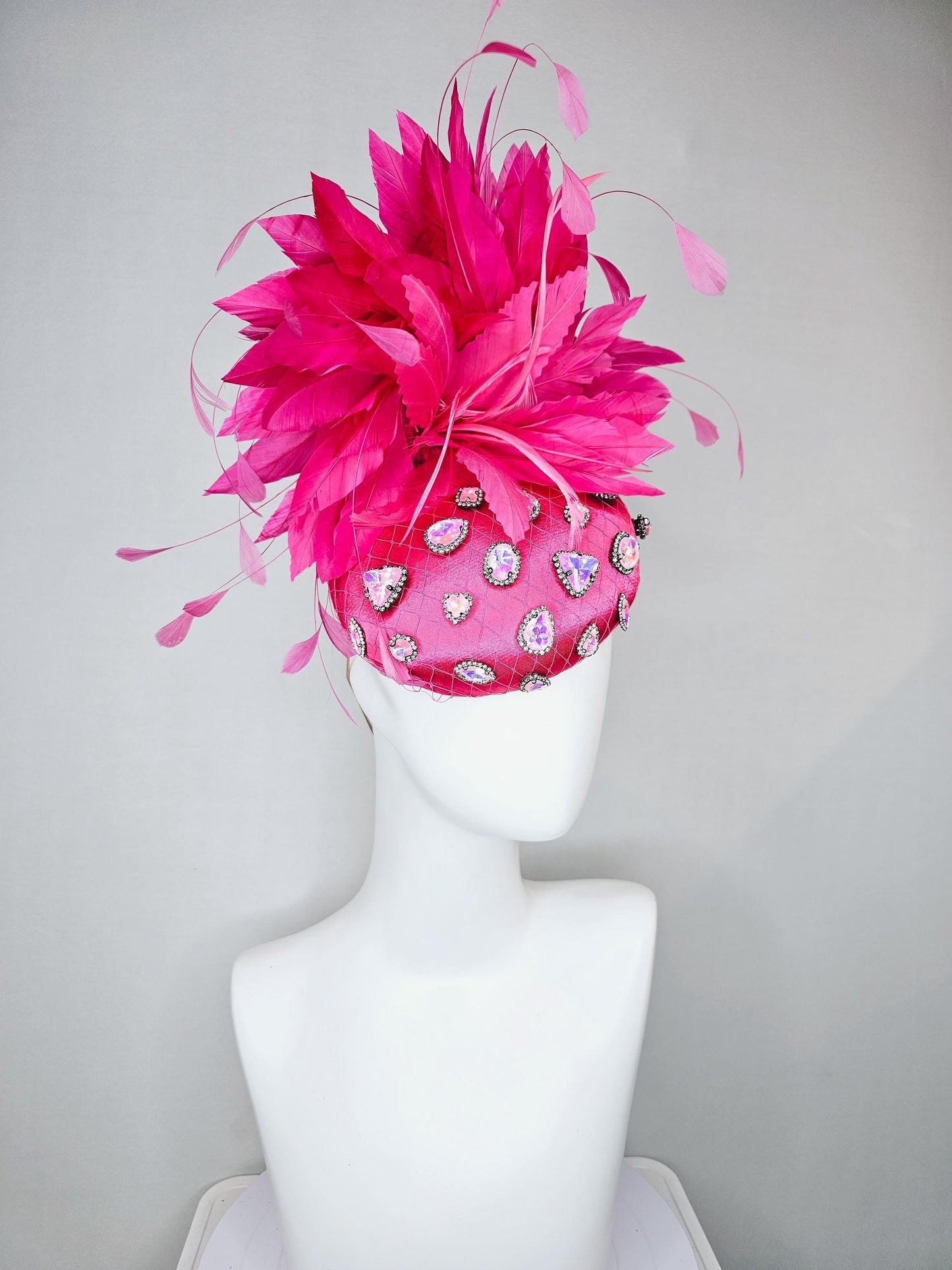 kentucky derby hat fascinator bright pink fuchsia satin with netting, iridescent crystal rhinestone beaded, bright pink fuchsia feathers