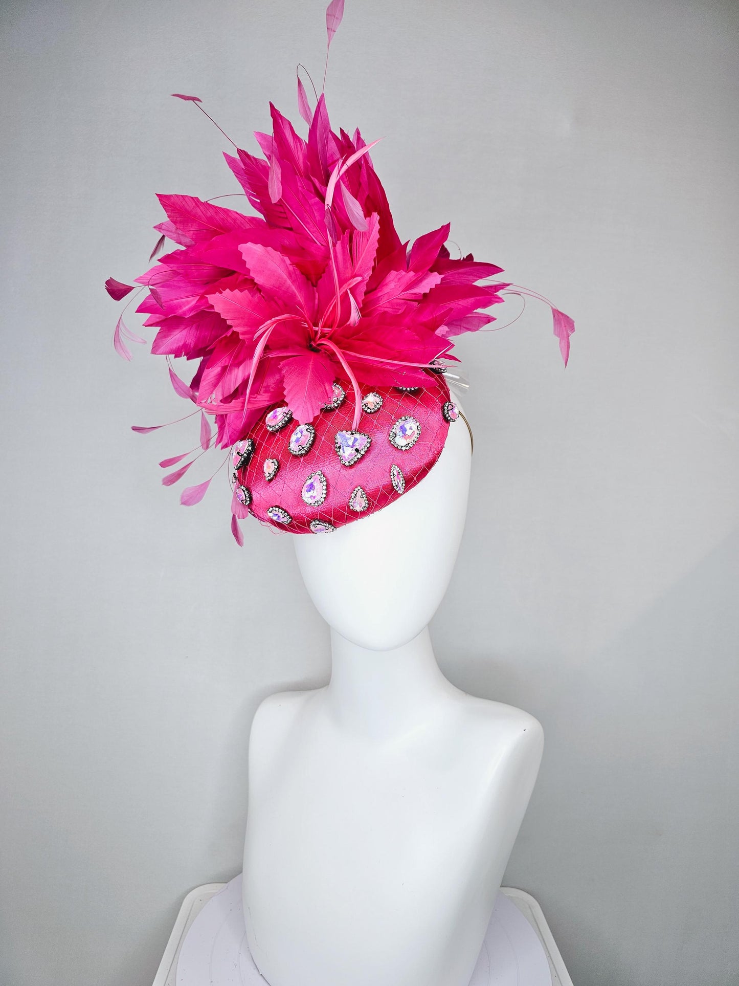 kentucky derby hat fascinator bright pink fuchsia satin with netting, iridescent crystal rhinestone beaded, bright pink fuchsia feathers