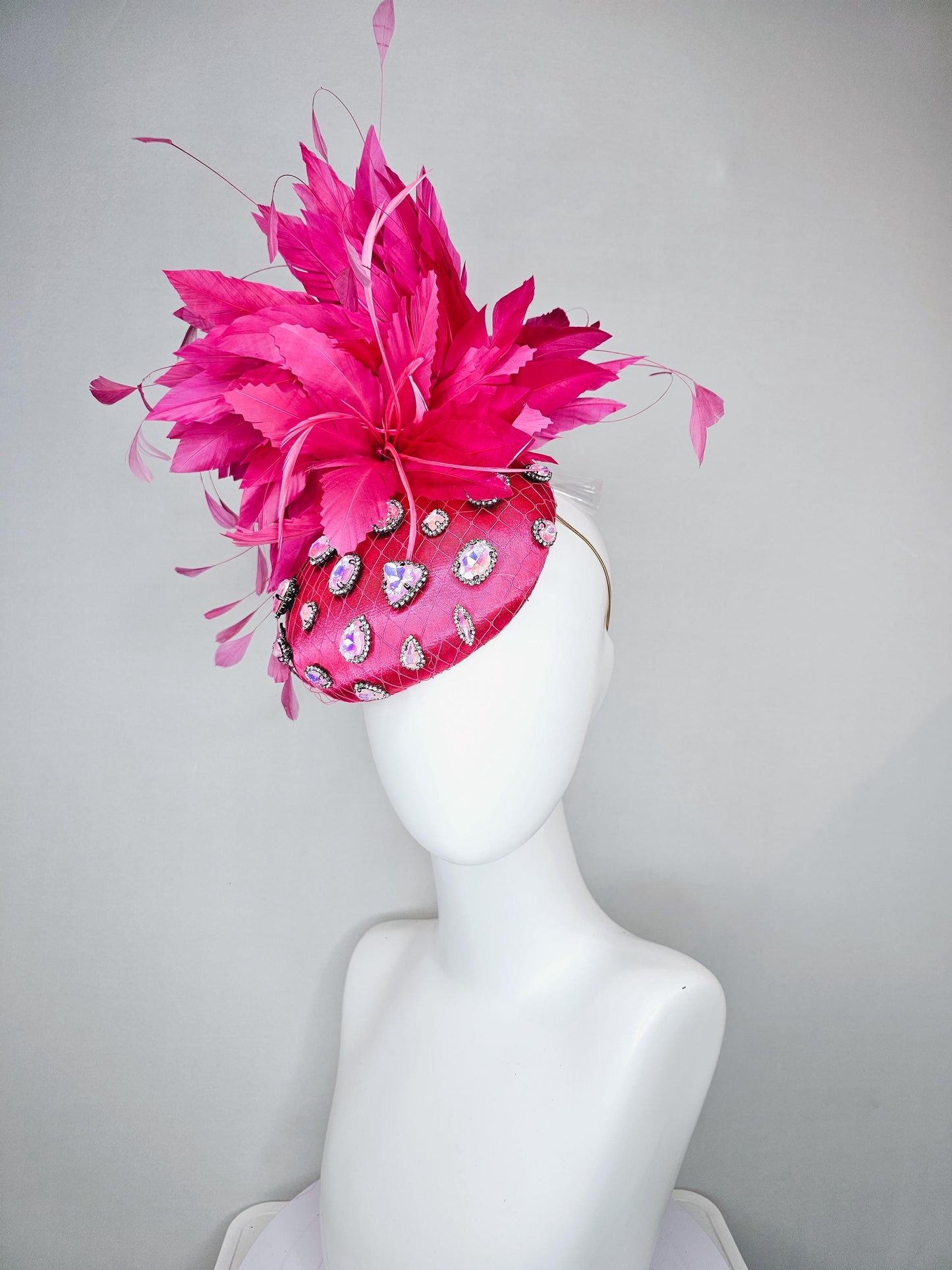 kentucky derby hat fascinator bright pink fuchsia satin with netting, iridescent crystal rhinestone beaded, bright pink fuchsia feathers