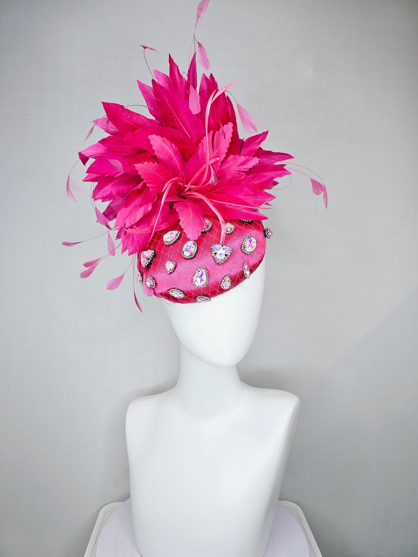 kentucky derby hat fascinator bright pink fuchsia satin with netting, iridescent crystal rhinestone beaded, bright pink fuchsia feathers