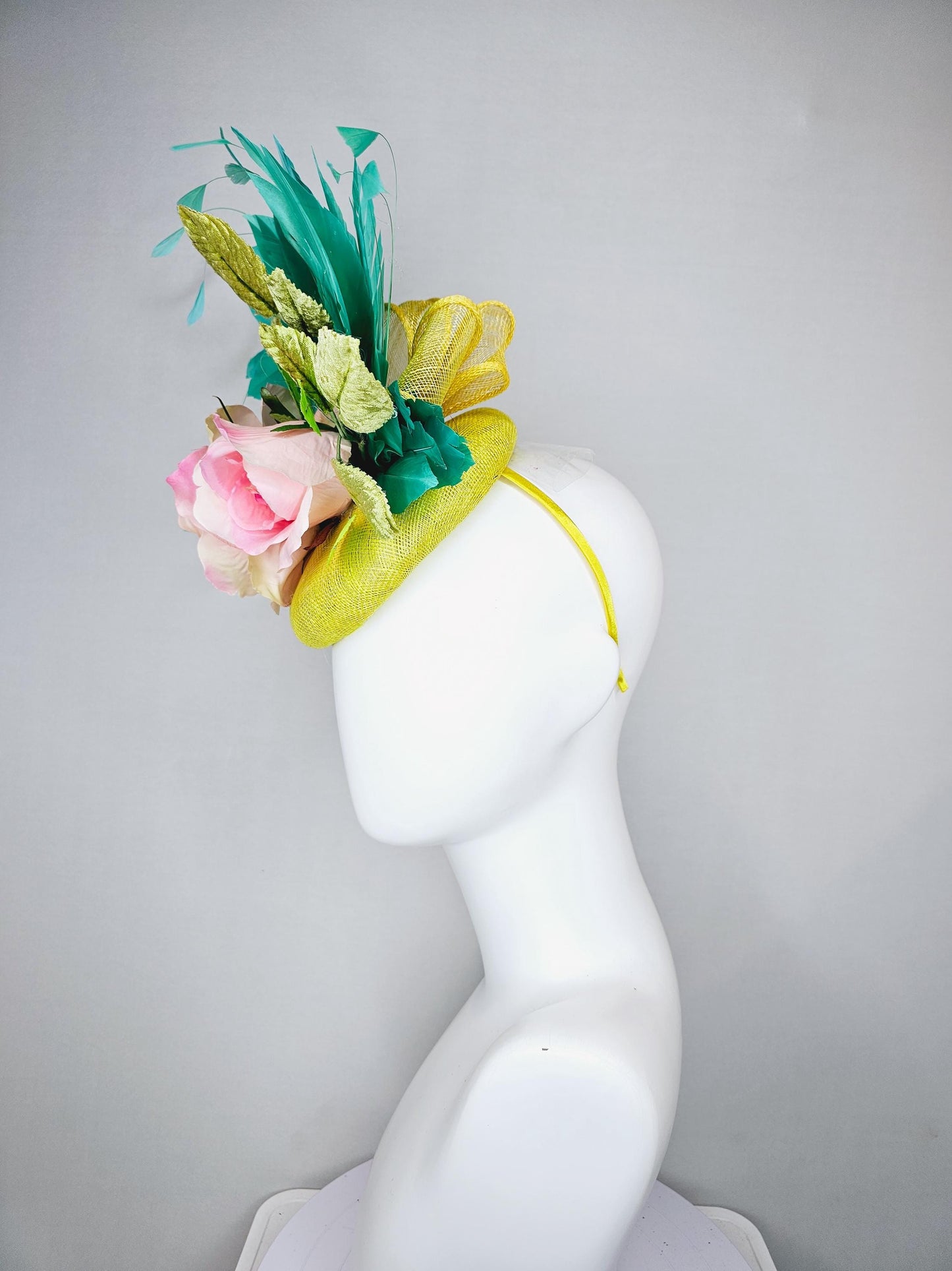 kentucky derby hat fascinator yellow sinamay with yellow sinamay curls,light pink satin silk rose flowers with leaves and aqua blue feathers