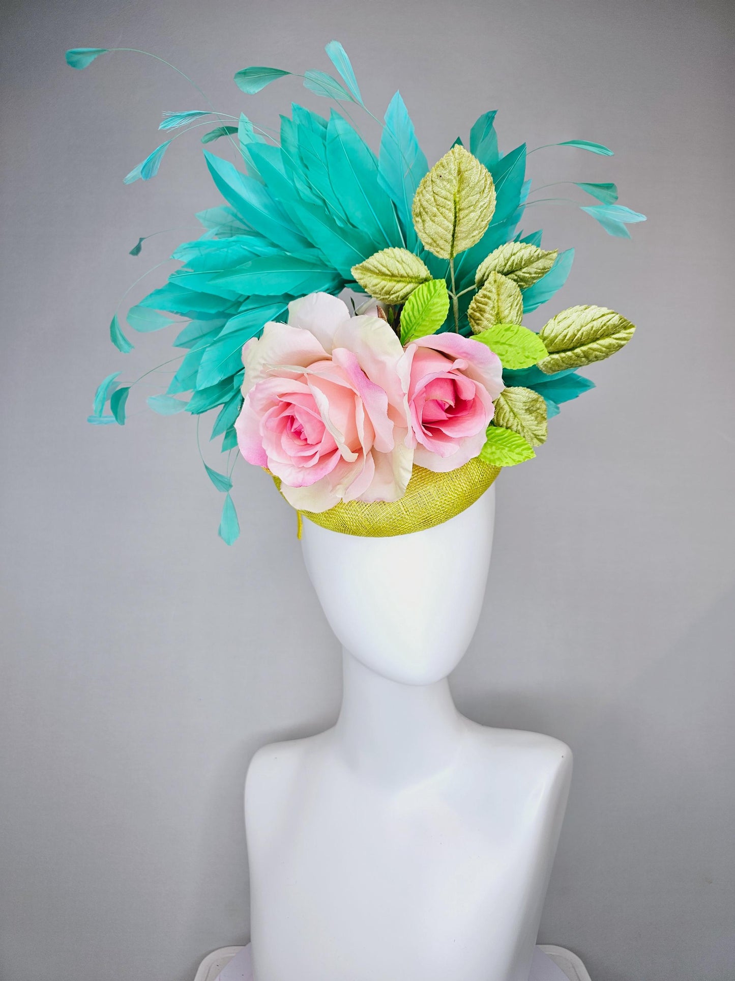 kentucky derby hat fascinator yellow sinamay with yellow sinamay curls,light pink satin silk rose flowers with leaves and aqua blue feathers