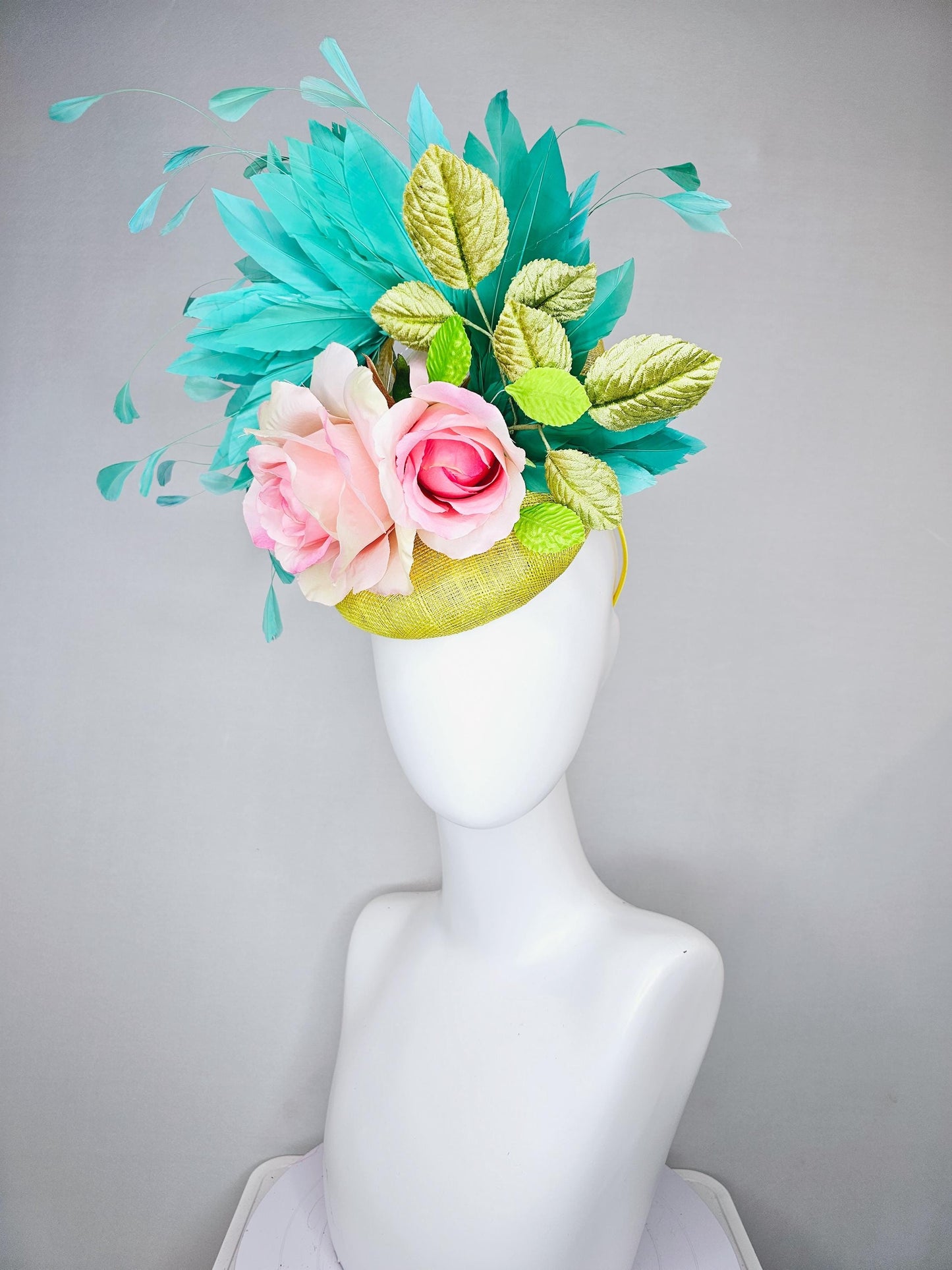 kentucky derby hat fascinator yellow sinamay with yellow sinamay curls,light pink satin silk rose flowers with leaves and aqua blue feathers