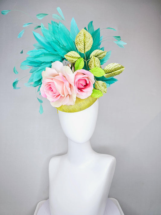 kentucky derby hat fascinator yellow sinamay with yellow sinamay curls,light pink satin silk rose flowers with leaves and aqua blue feathers