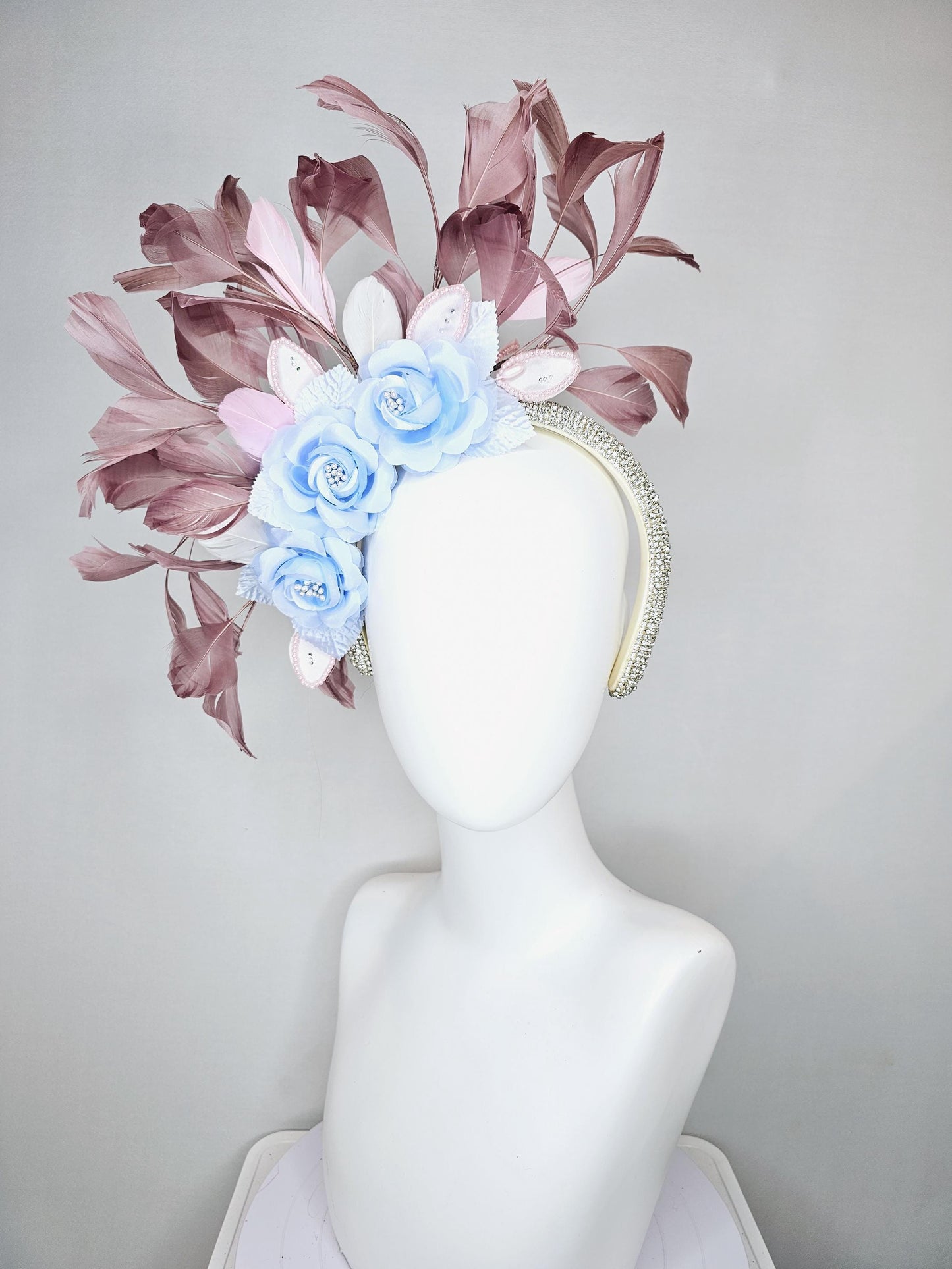 kentucky derby hat fascinator light sky baby blue satin flowers with leaves, dusty pink taupe branching feathers,crystal rhinestone headband