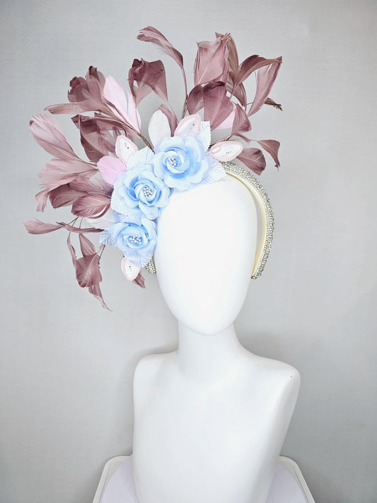 kentucky derby hat fascinator light sky baby blue satin flowers with leaves, dusty pink taupe branching feathers,crystal rhinestone headband