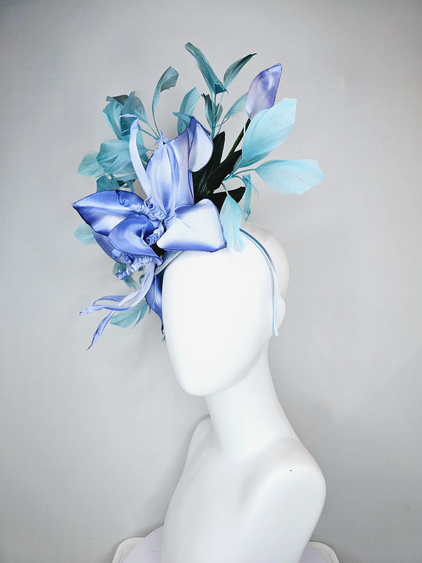 kentucky derby hat fascinator light blue sinamay with ombre blue satin silk flower and teal blue feathers