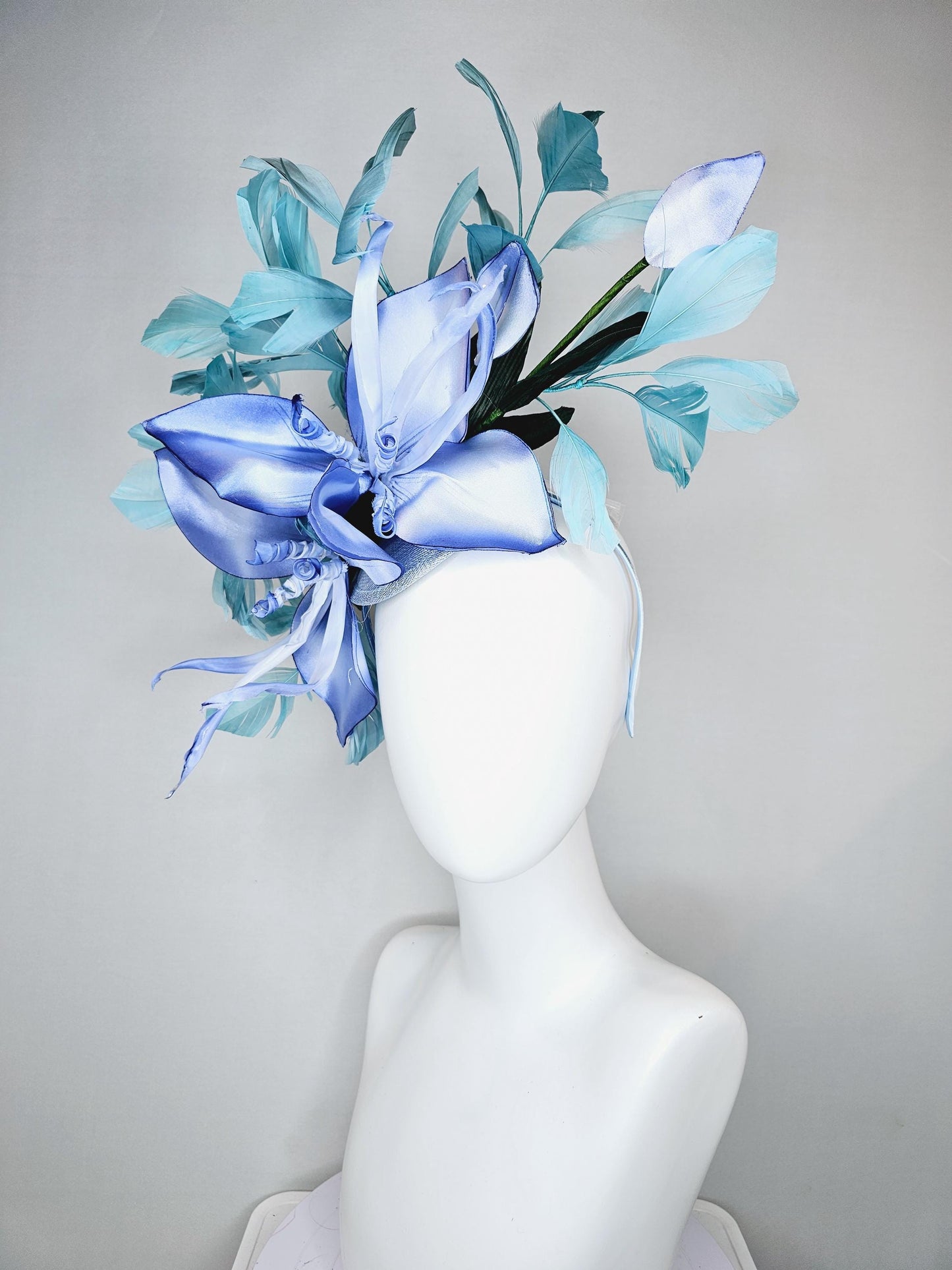 kentucky derby hat fascinator light blue sinamay with ombre blue satin silk flower and teal blue feathers