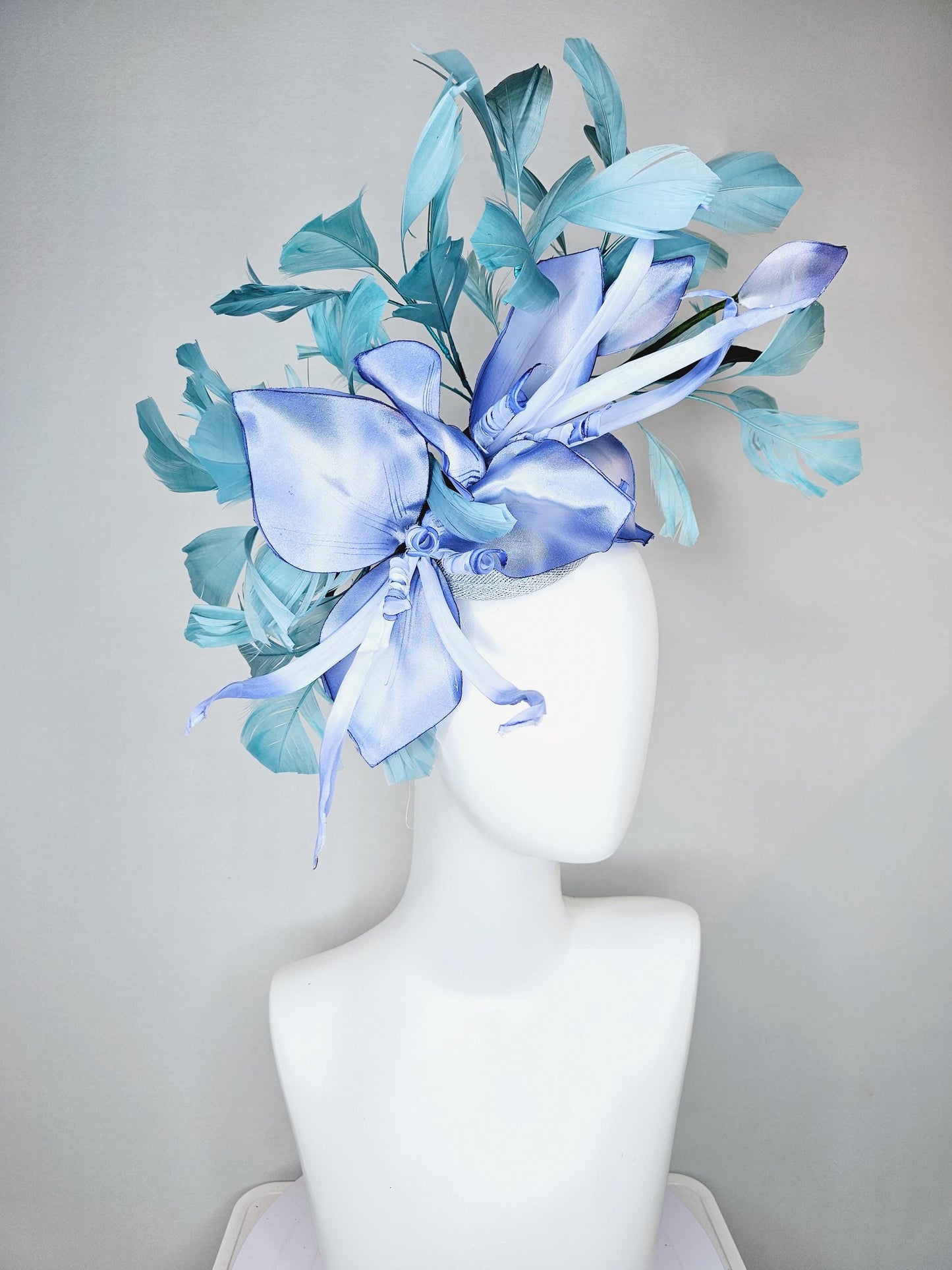 kentucky derby hat fascinator light blue sinamay with ombre blue satin silk flower and teal blue feathers