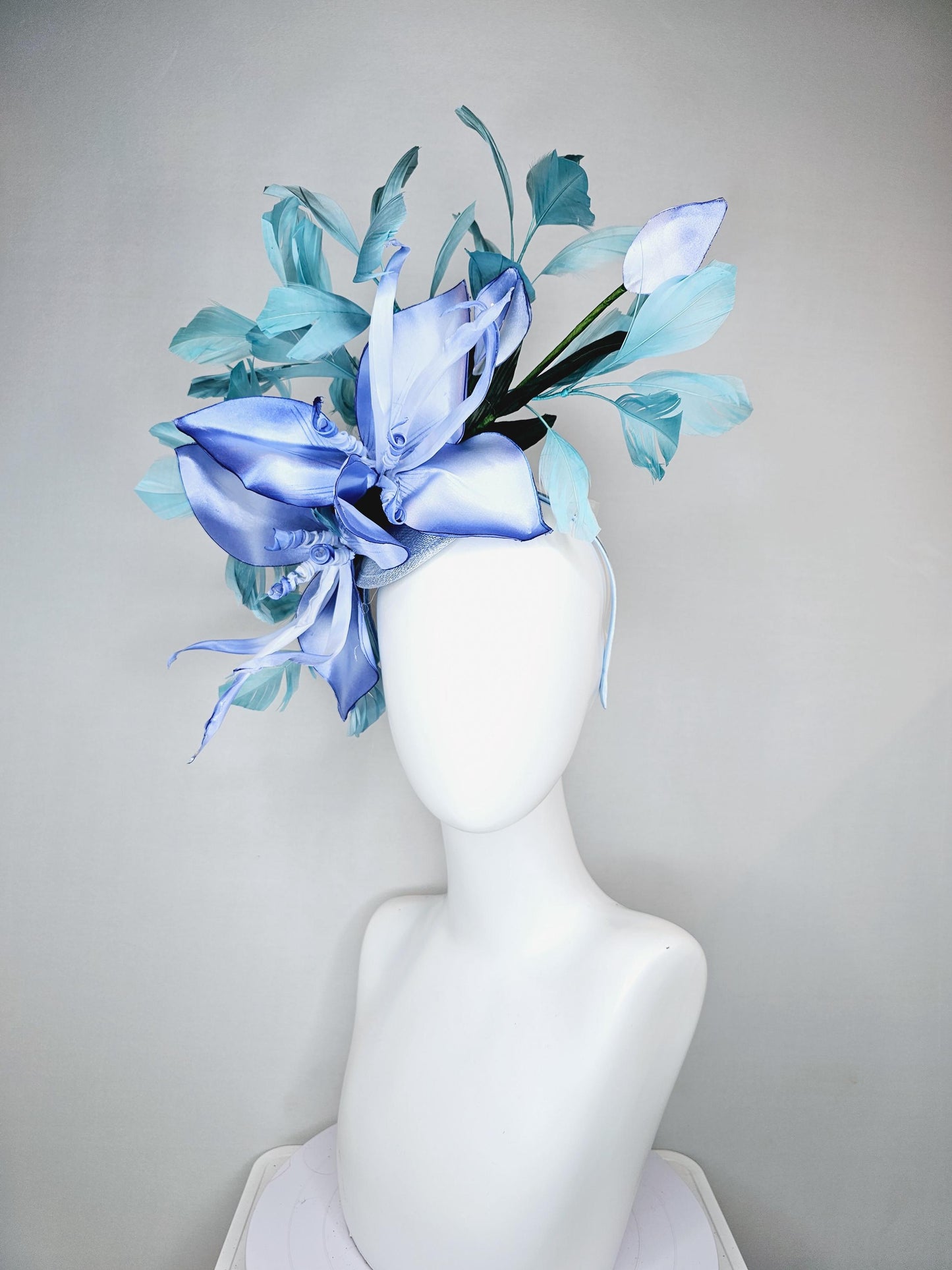 kentucky derby hat fascinator light blue sinamay with ombre blue satin silk flower and teal blue feathers