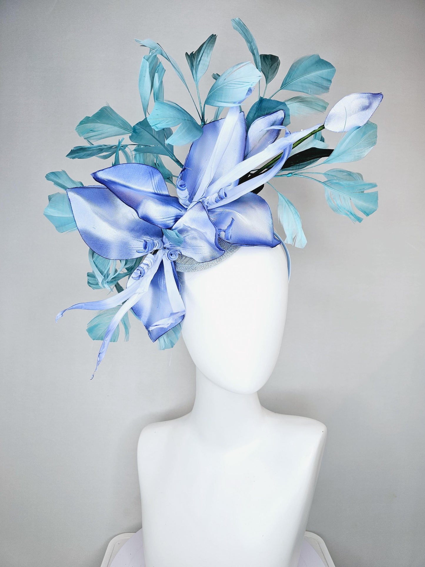 kentucky derby hat fascinator light blue sinamay with ombre blue satin silk flower and teal blue feathers