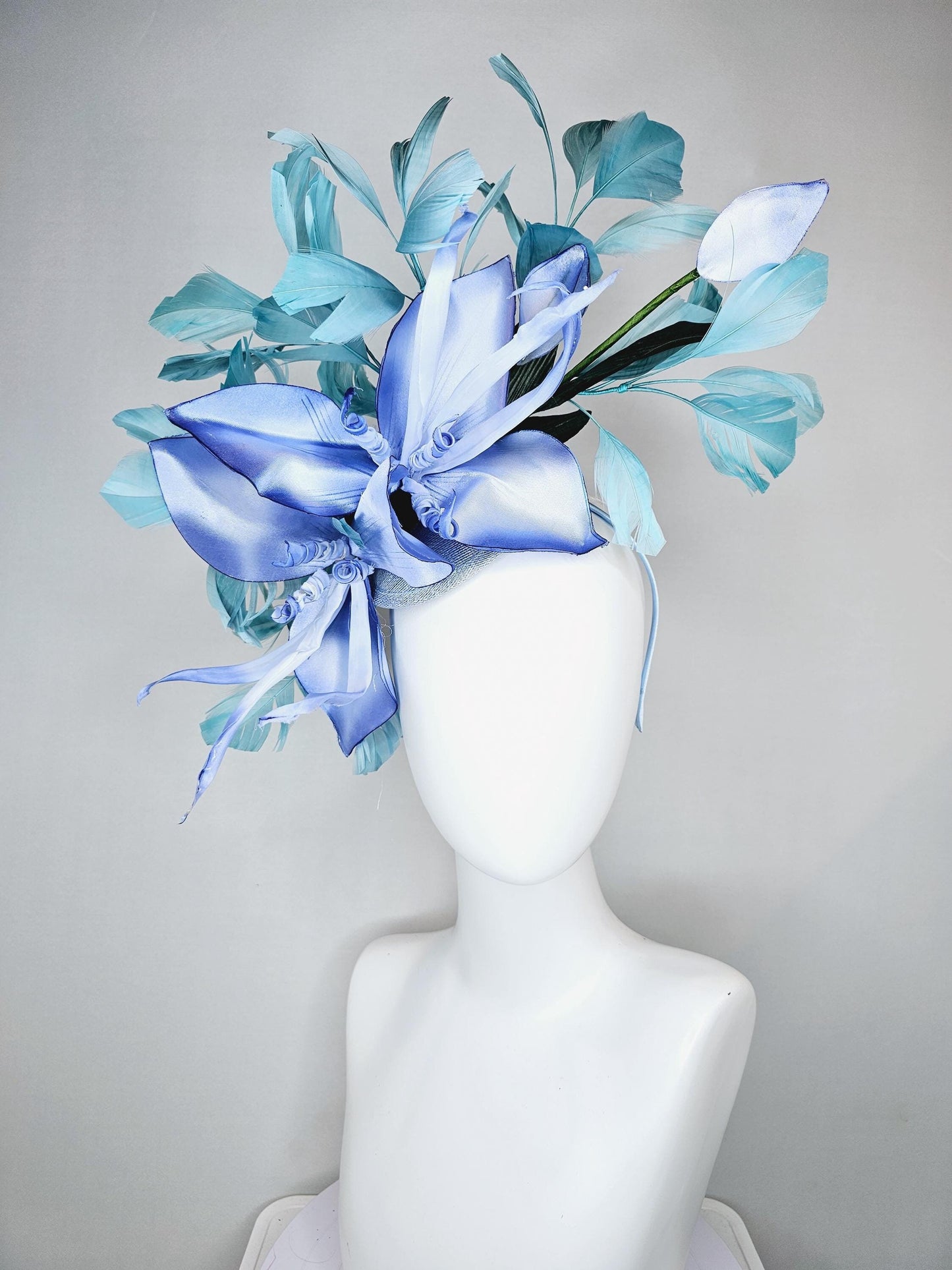 kentucky derby hat fascinator light blue sinamay with ombre blue satin silk flower and teal blue feathers