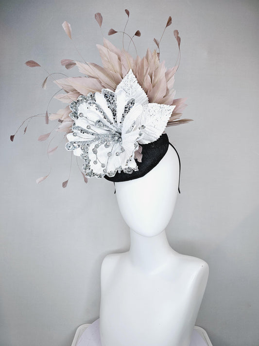 kentucky derby hat fascinator black sinamay with white sequin silver satin flower with leaves and taupe neutral  branching feathers