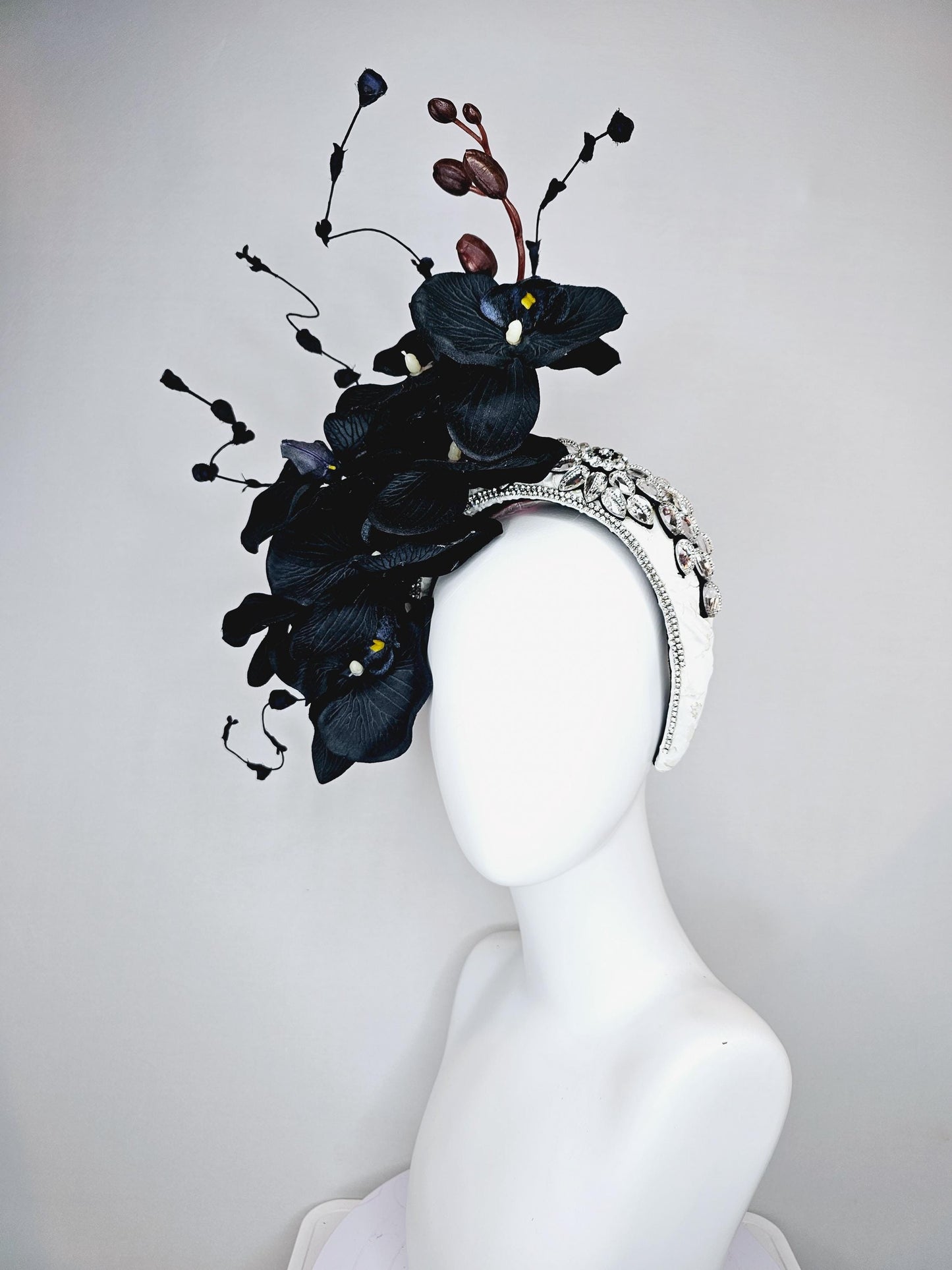 kentucky derby hat fascinator neutral crystal rhinestone jewel beaded on white headband with black satin orchid flowers and black stems