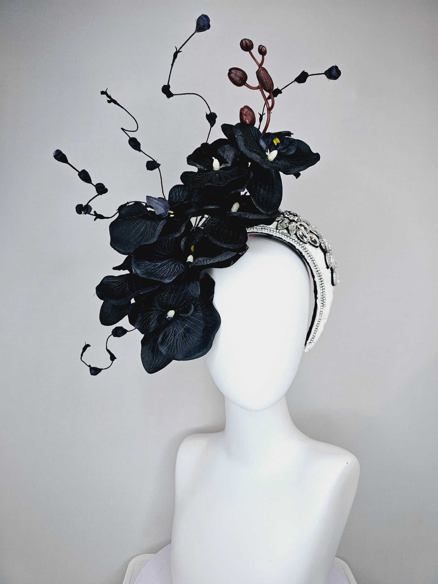 kentucky derby hat fascinator neutral crystal rhinestone jewel beaded on white headband with black satin orchid flowers and black stems