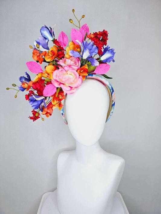 kentucky derby hat fascinator colorful headband,colorful rainbow ombre pink roses,ombre blue coral red orange flowers with pink green leaves