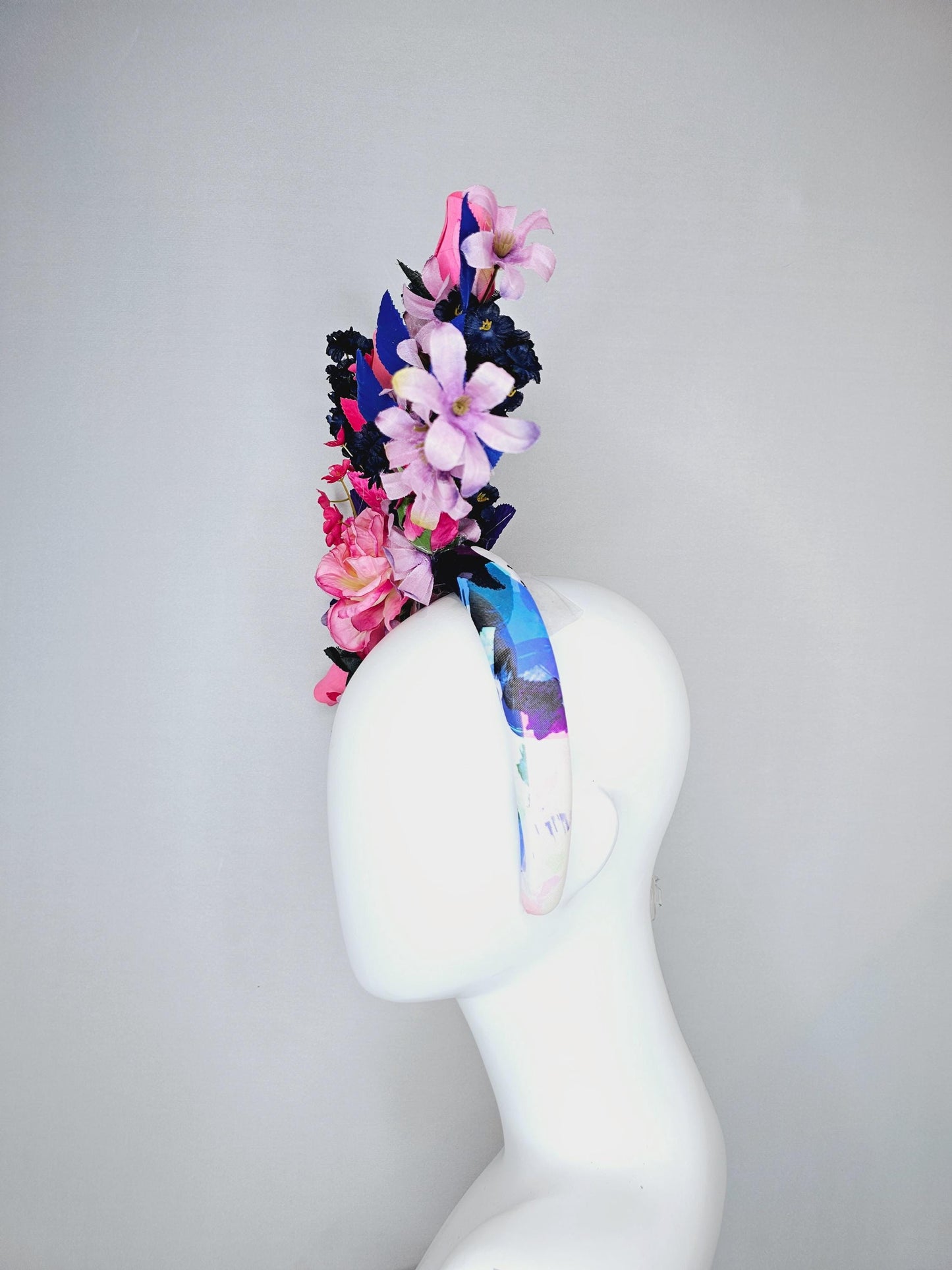 kentucky derby hat fascinator colorful headband,colorful ombre pink roses,ombre purple navy blue pink flowers,purple blue pink leaves