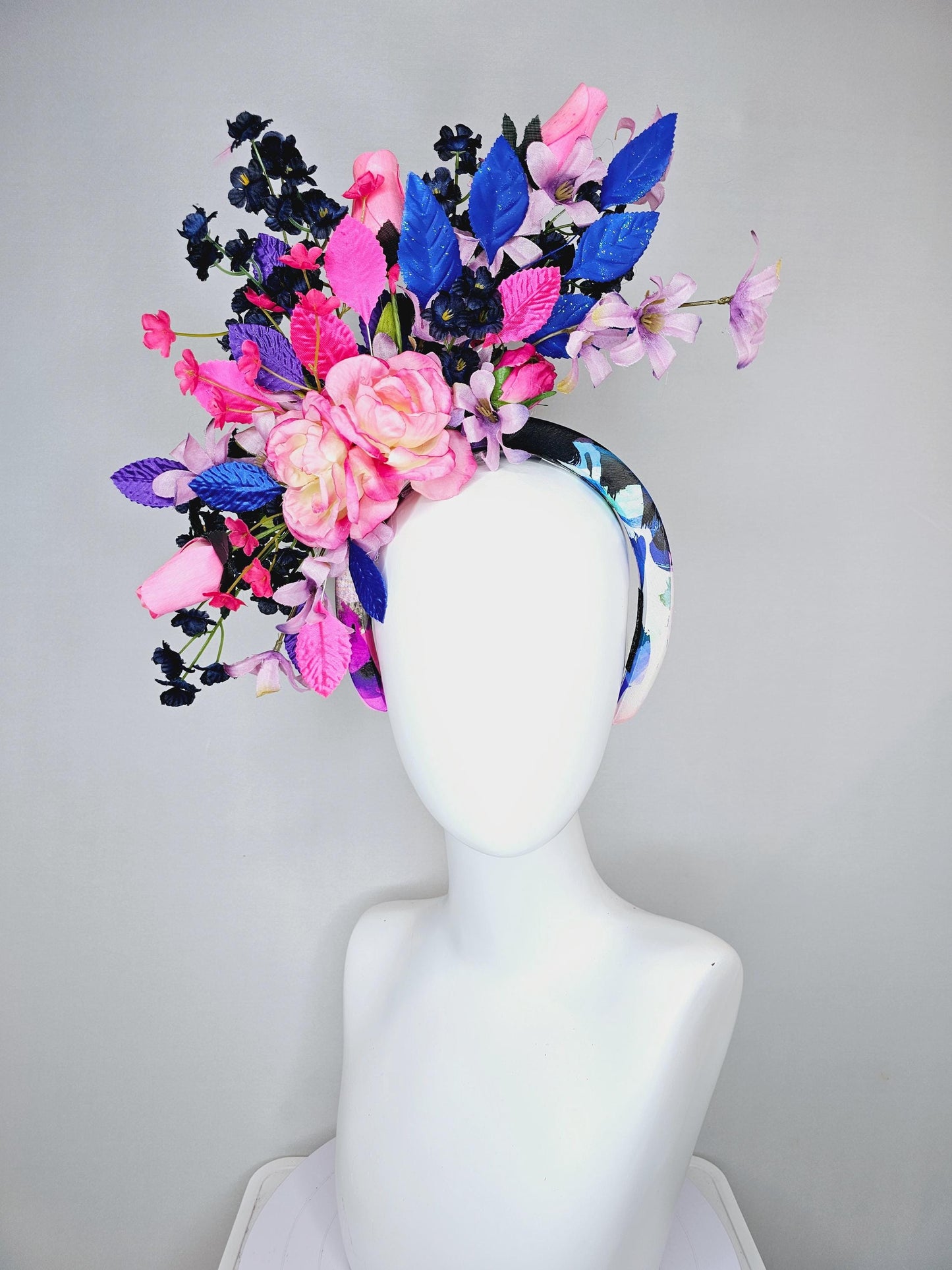 kentucky derby hat fascinator colorful headband,colorful ombre pink roses,ombre purple navy blue pink flowers,purple blue pink leaves