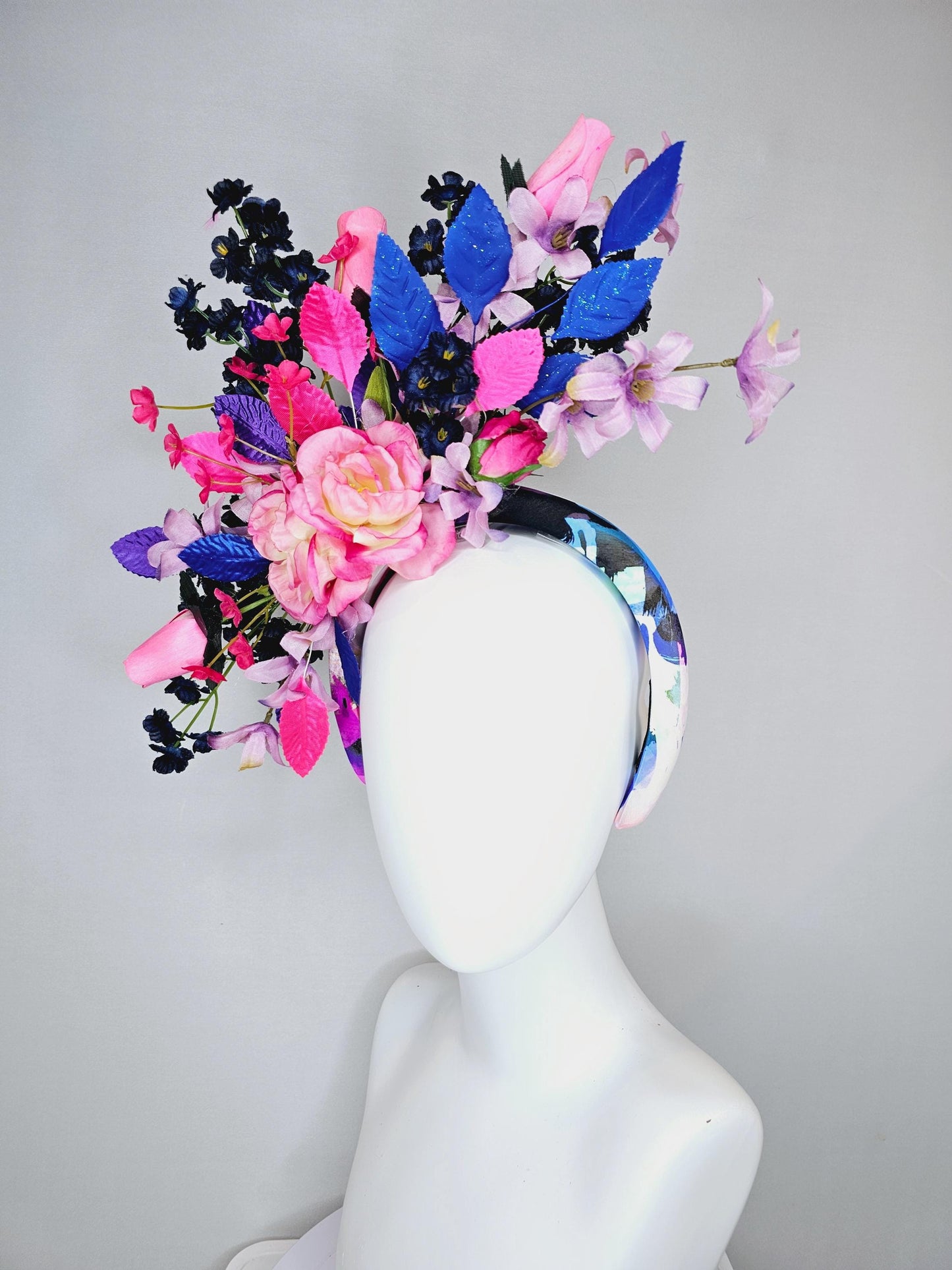 kentucky derby hat fascinator colorful headband,colorful ombre pink roses,ombre purple navy blue pink flowers,purple blue pink leaves