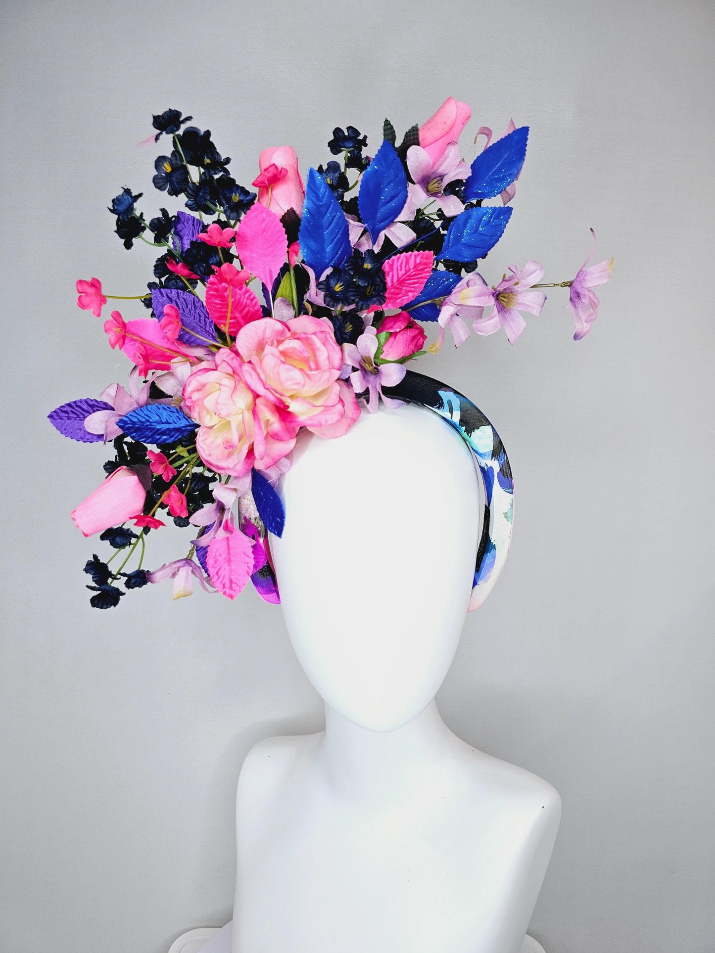 kentucky derby hat fascinator colorful headband,colorful ombre pink roses,ombre purple navy blue pink flowers,purple blue pink leaves