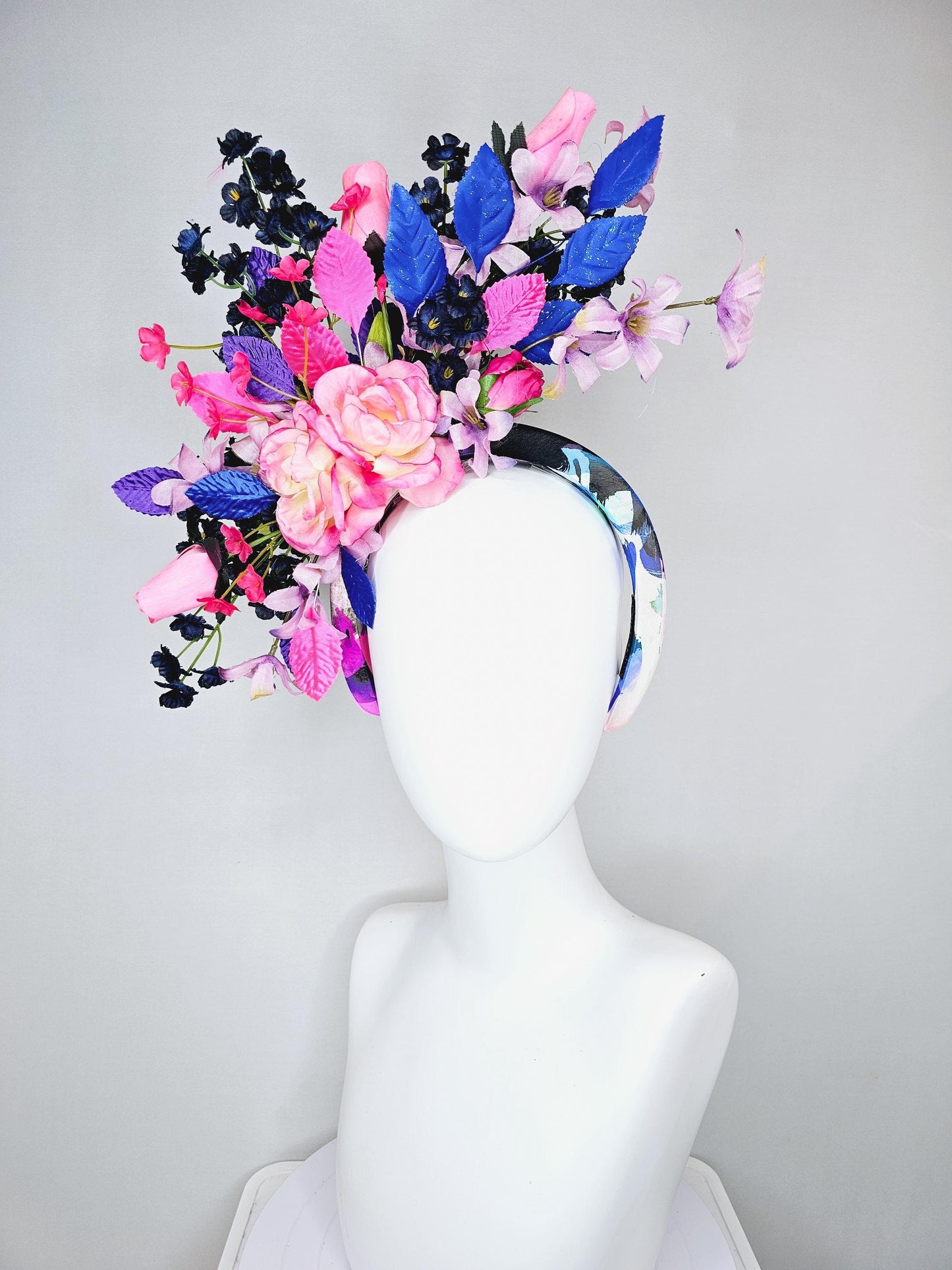 kentucky derby hat fascinator colorful headband,colorful ombre pink roses,ombre purple navy blue pink flowers,purple blue pink leaves