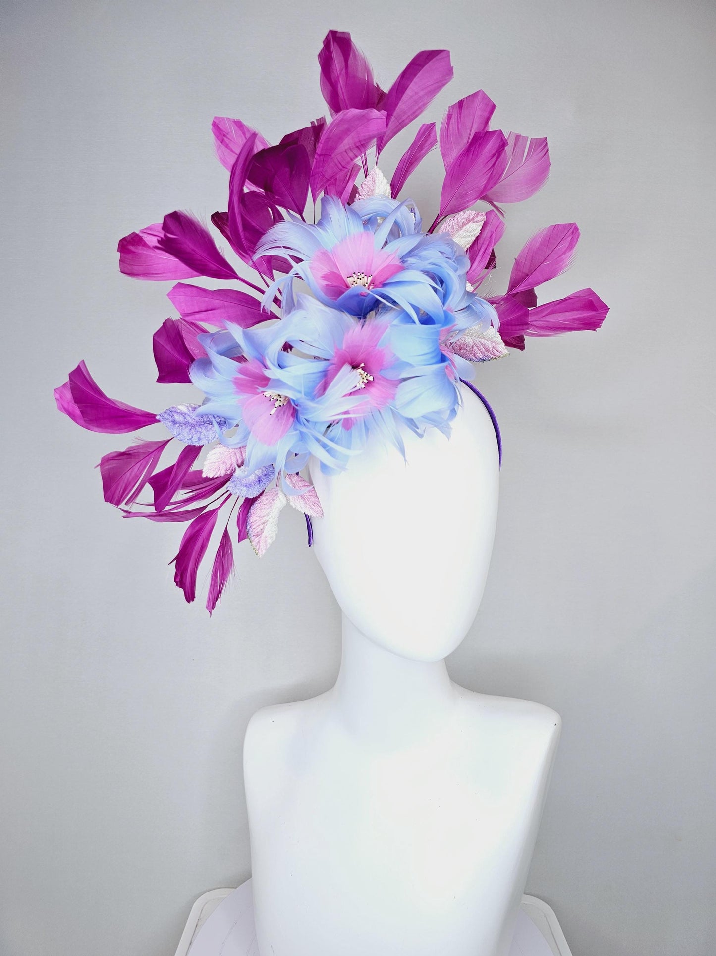 kentucky derby hat fascinator blue and pink feather flowers with ombre pink leaves and magenta purple branching feathers