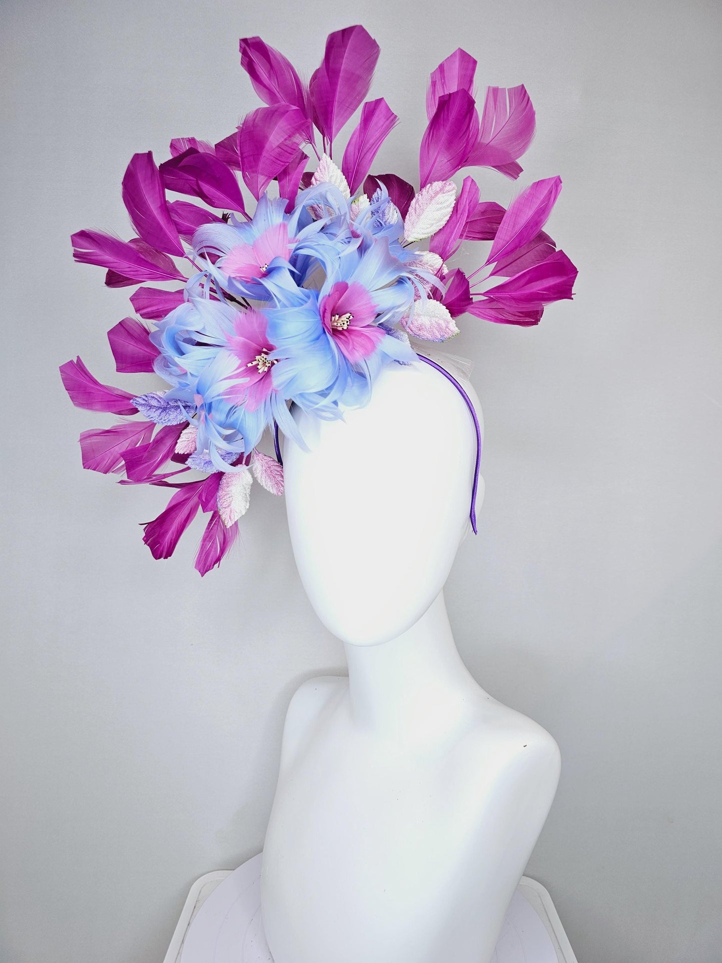 kentucky derby hat fascinator blue and pink feather flowers with ombre pink leaves and magenta purple branching feathers