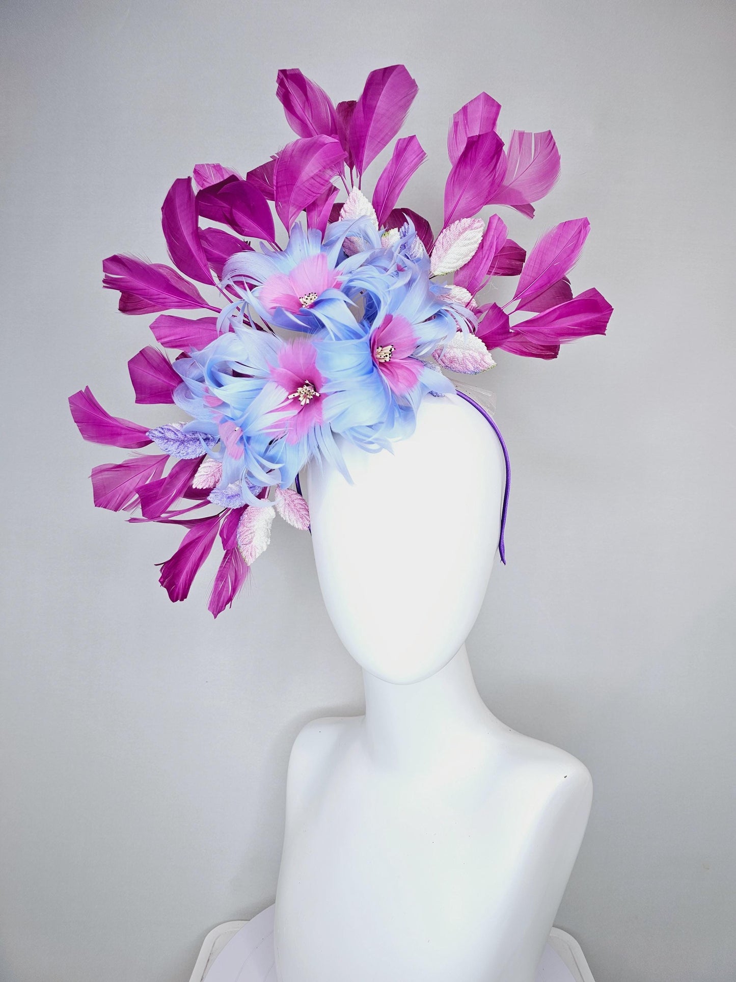 kentucky derby hat fascinator blue and pink feather flowers with ombre pink leaves and magenta purple branching feathers