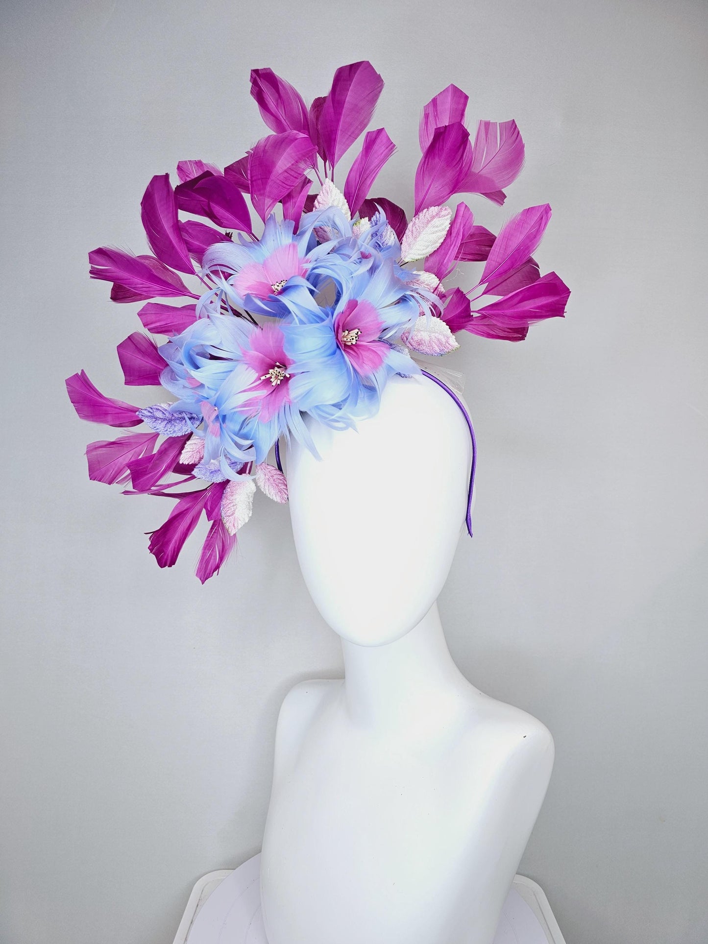 kentucky derby hat fascinator blue and pink feather flowers with ombre pink leaves and magenta purple branching feathers