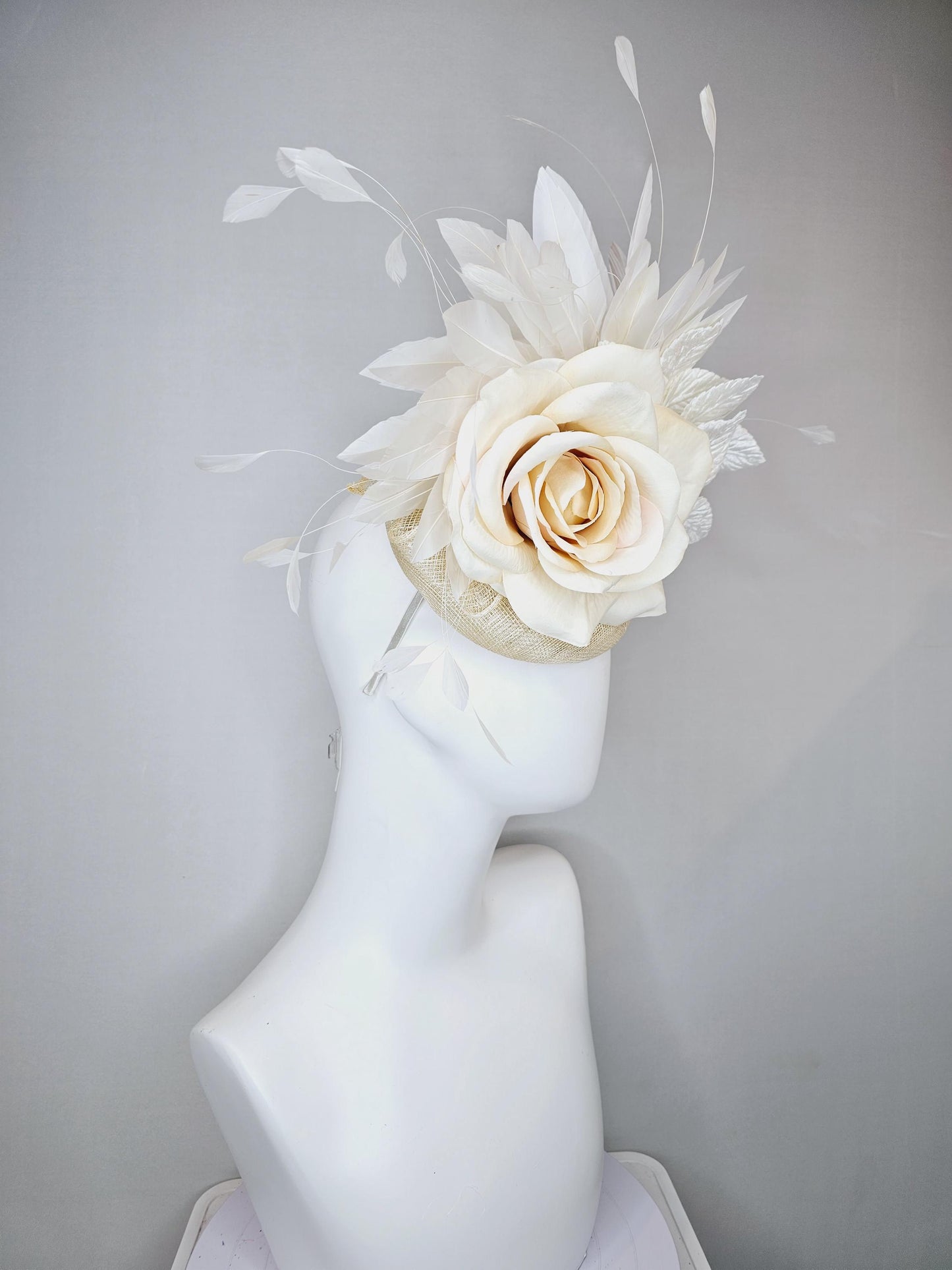 kentucky derby hat fascinator ivory cream neutral sinamay,white ivory satin silk rose flowers,white leaves,white ivory branching feathers